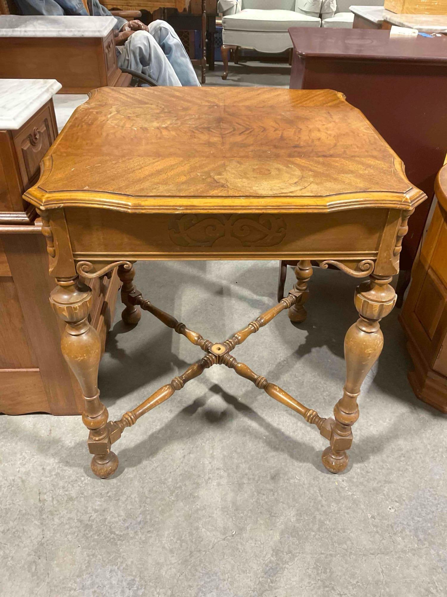 Vintage Walnut? Wood Finish Side Table w/ Ornate Details. Good Condition. See pics. (1 of 6)