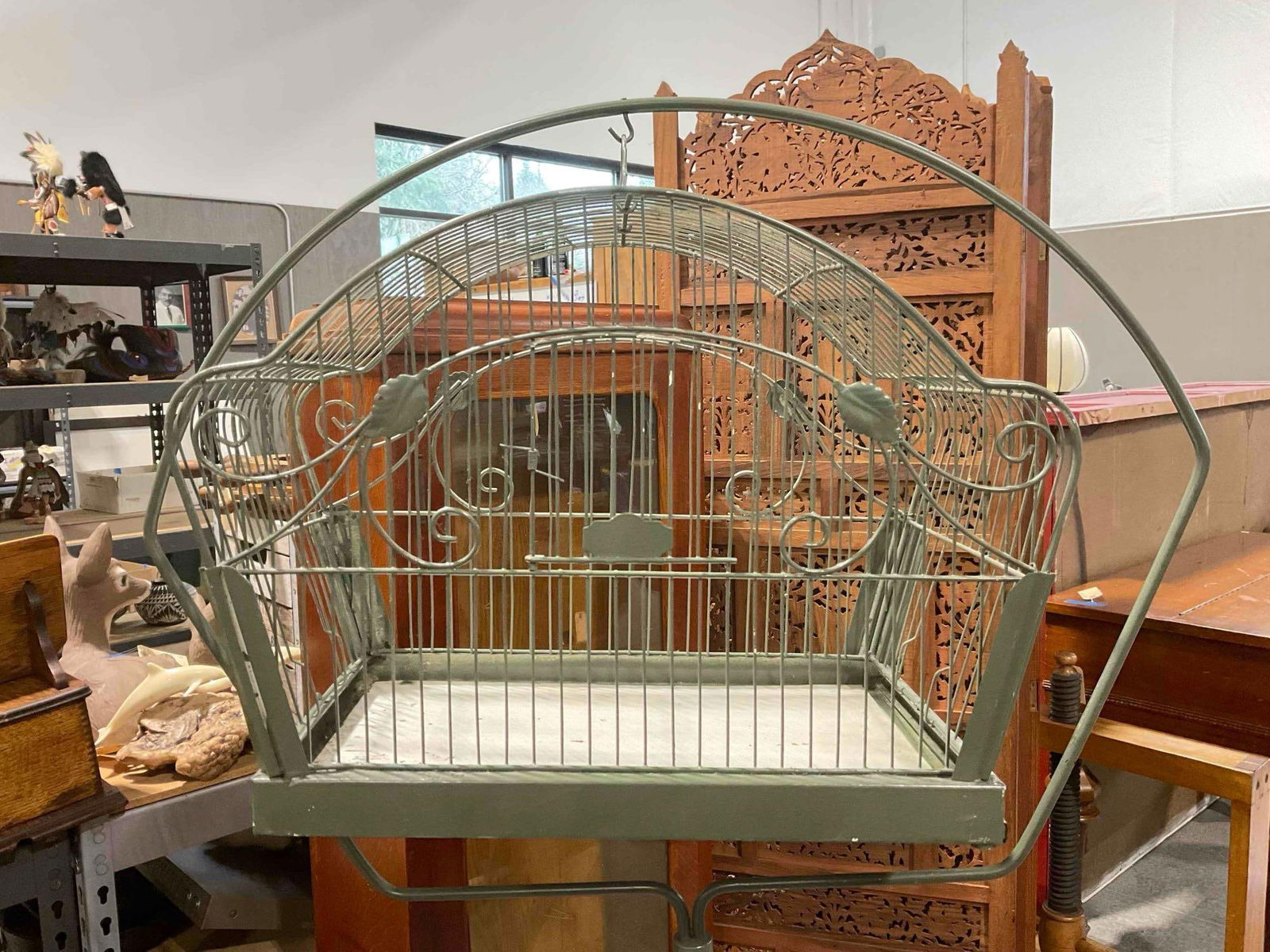 Vintage Crown Kelp Green Painted Metal Bird Cage w/ Stand. Very Good Condition. See pics. - 2