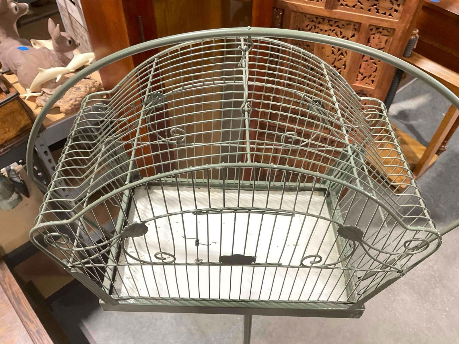 Vintage Crown Kelp Green Painted Metal Bird Cage w/ Stand. Very Good Condition. See pics. - 4