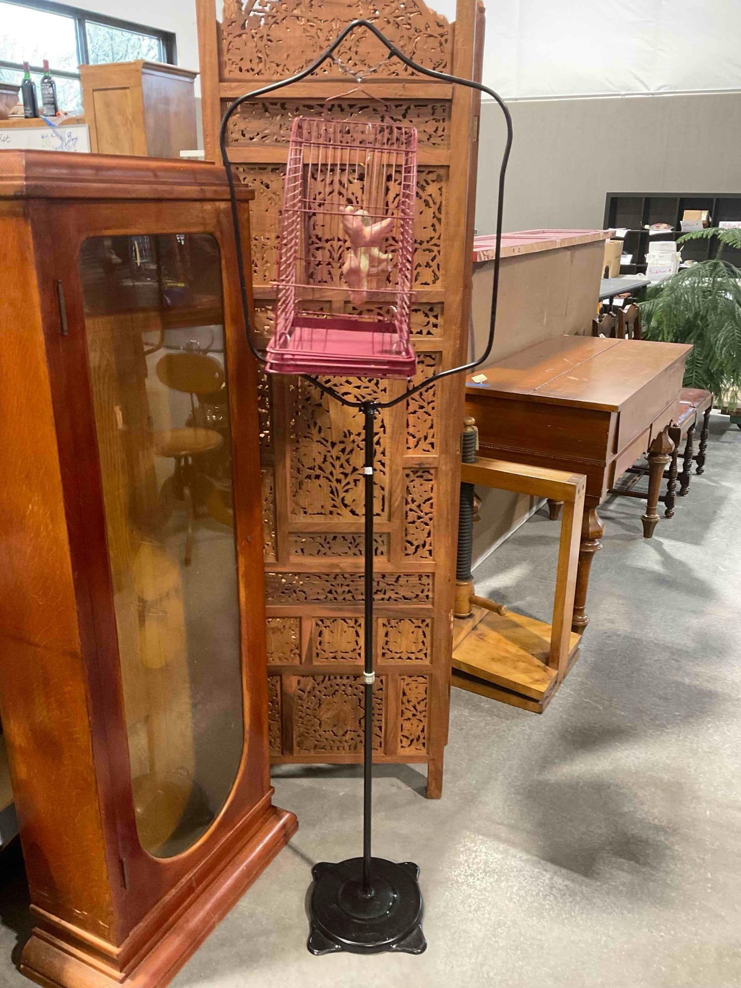 Vintage Maroon Painted Metal Bird Cage on Black Painted Metal Stand. Very Good Condition. (1 of 5)