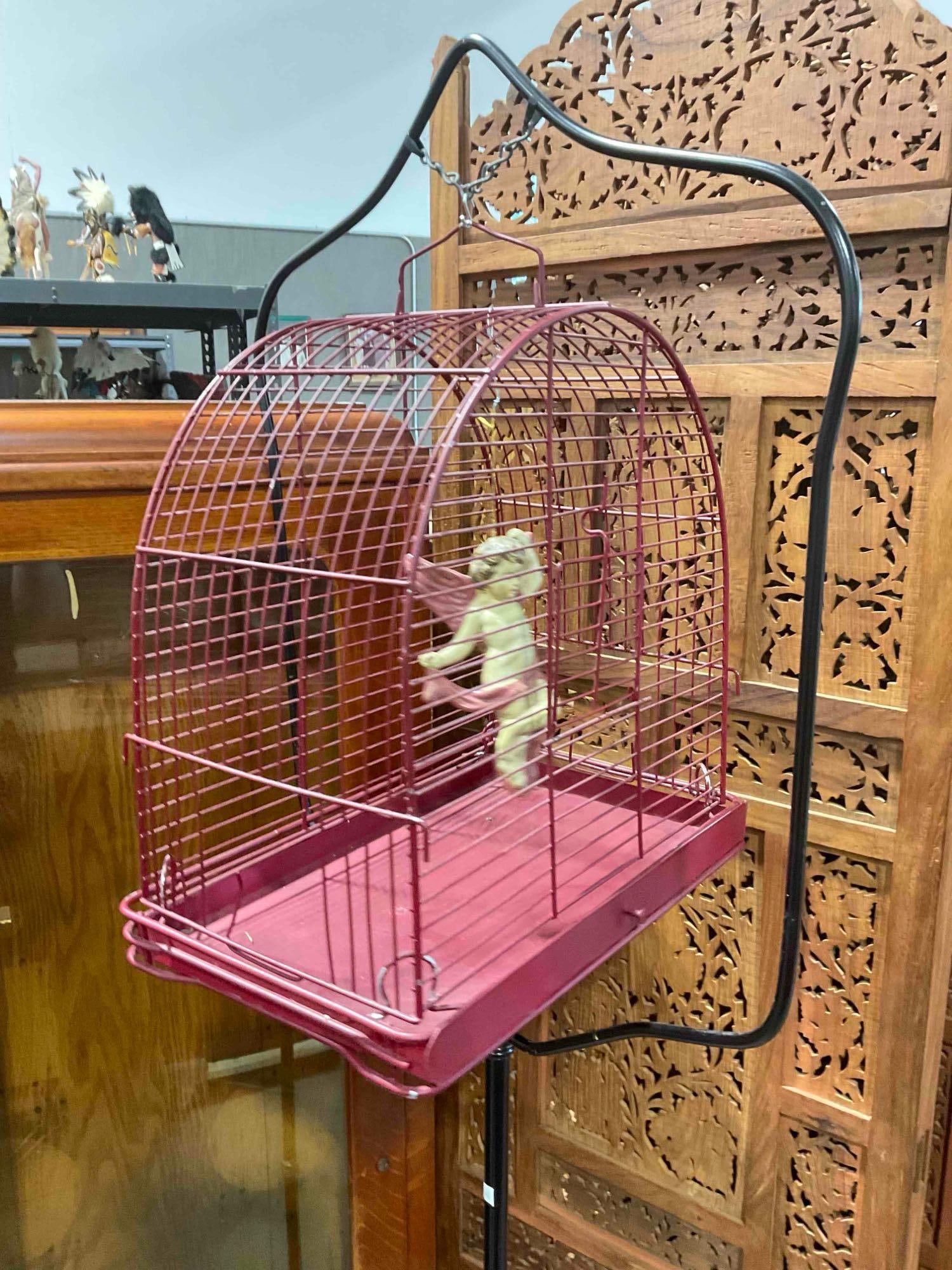 Vintage Maroon Painted Metal Bird Cage on Black Painted Metal Stand. Very Good Condition. - 2