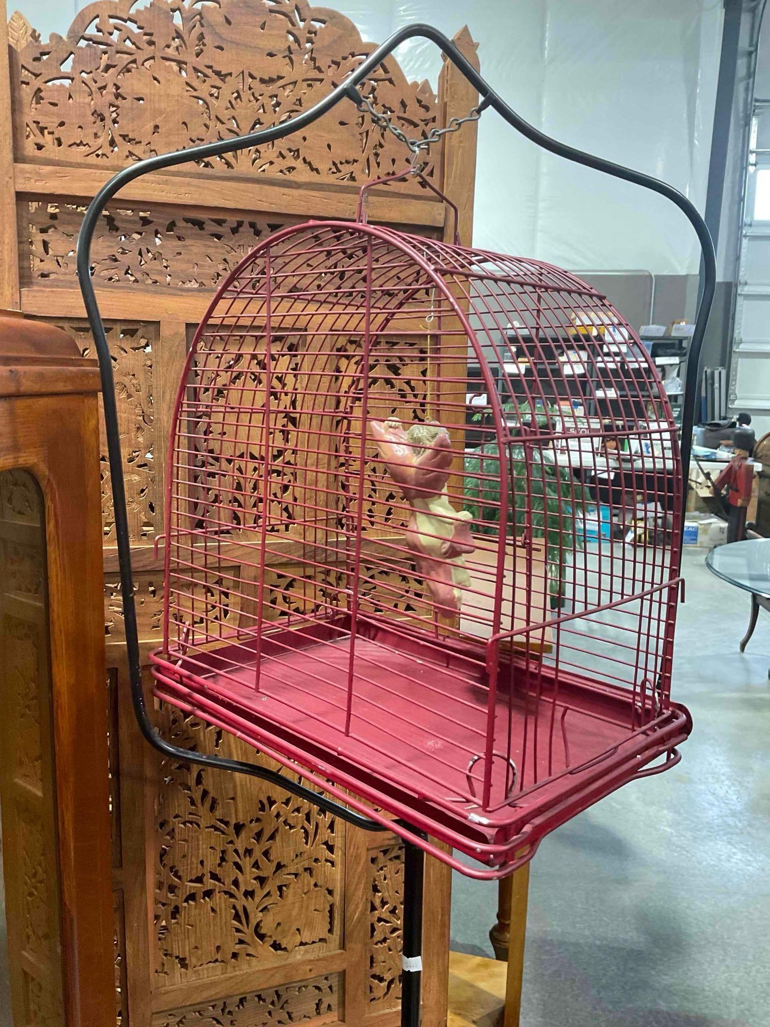 Vintage Maroon Painted Metal Bird Cage on Black Painted Metal Stand. Very Good Condition. - 3