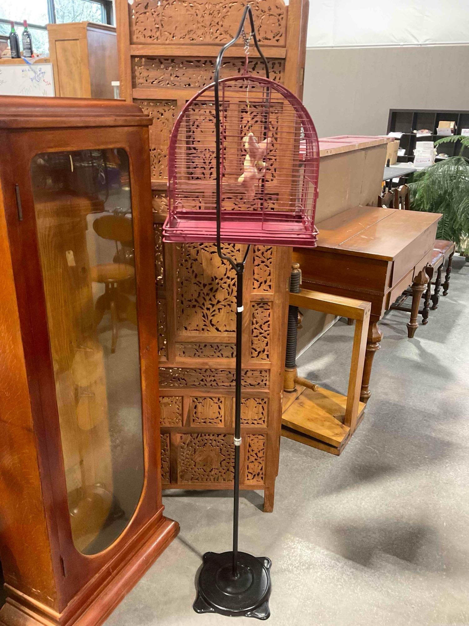 Vintage Maroon Painted Metal Bird Cage on Black Painted Metal Stand. Very Good Condition. - 5