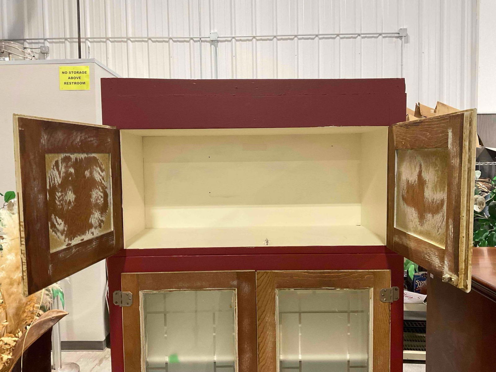 Vintage Primitive Built-In Furniture Co. 2-Tier Red Painted Kitchen Hutch. Very Good Condition. - 4