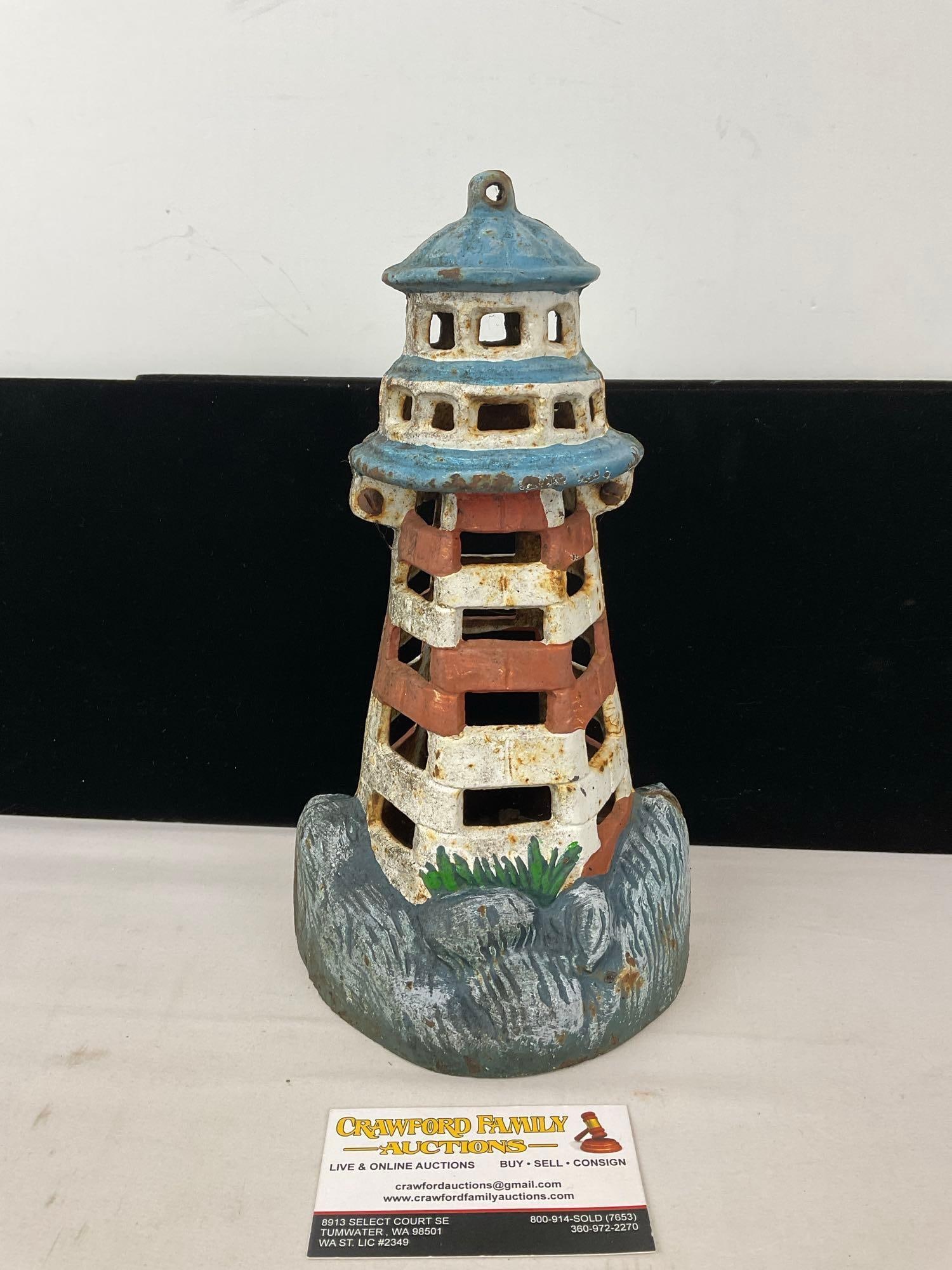 Vintage Cast Iron Lighthouse Hanging Candle Holder, 12h x 7w x 6d inches (1 of 5)