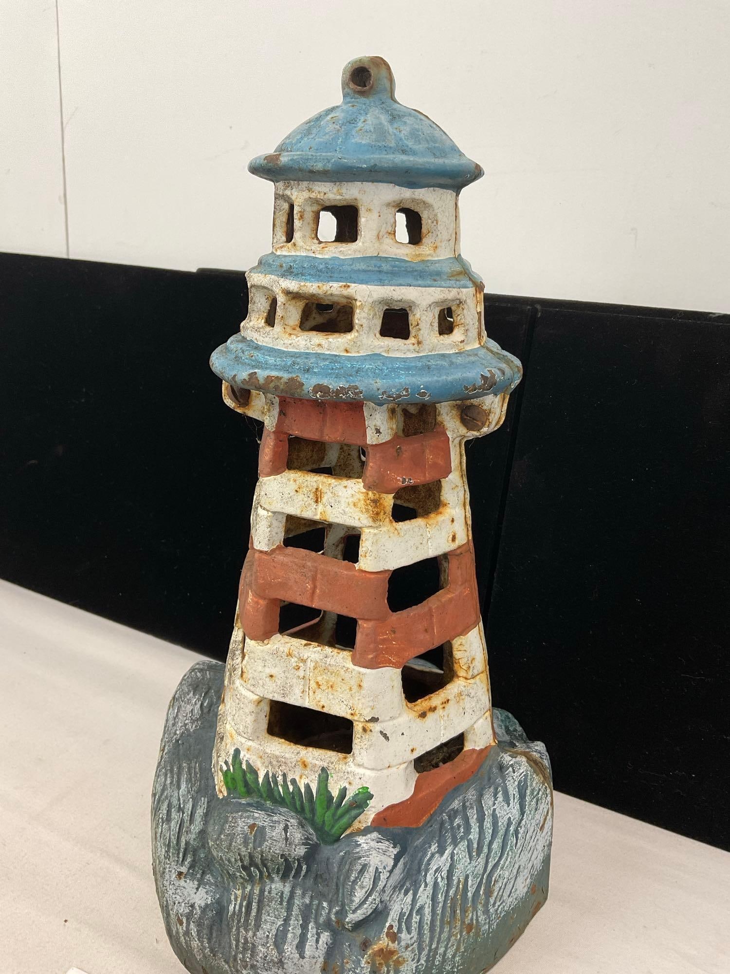 Vintage Cast Iron Lighthouse Hanging Candle Holder, 12h x 7w x 6d inches - 2