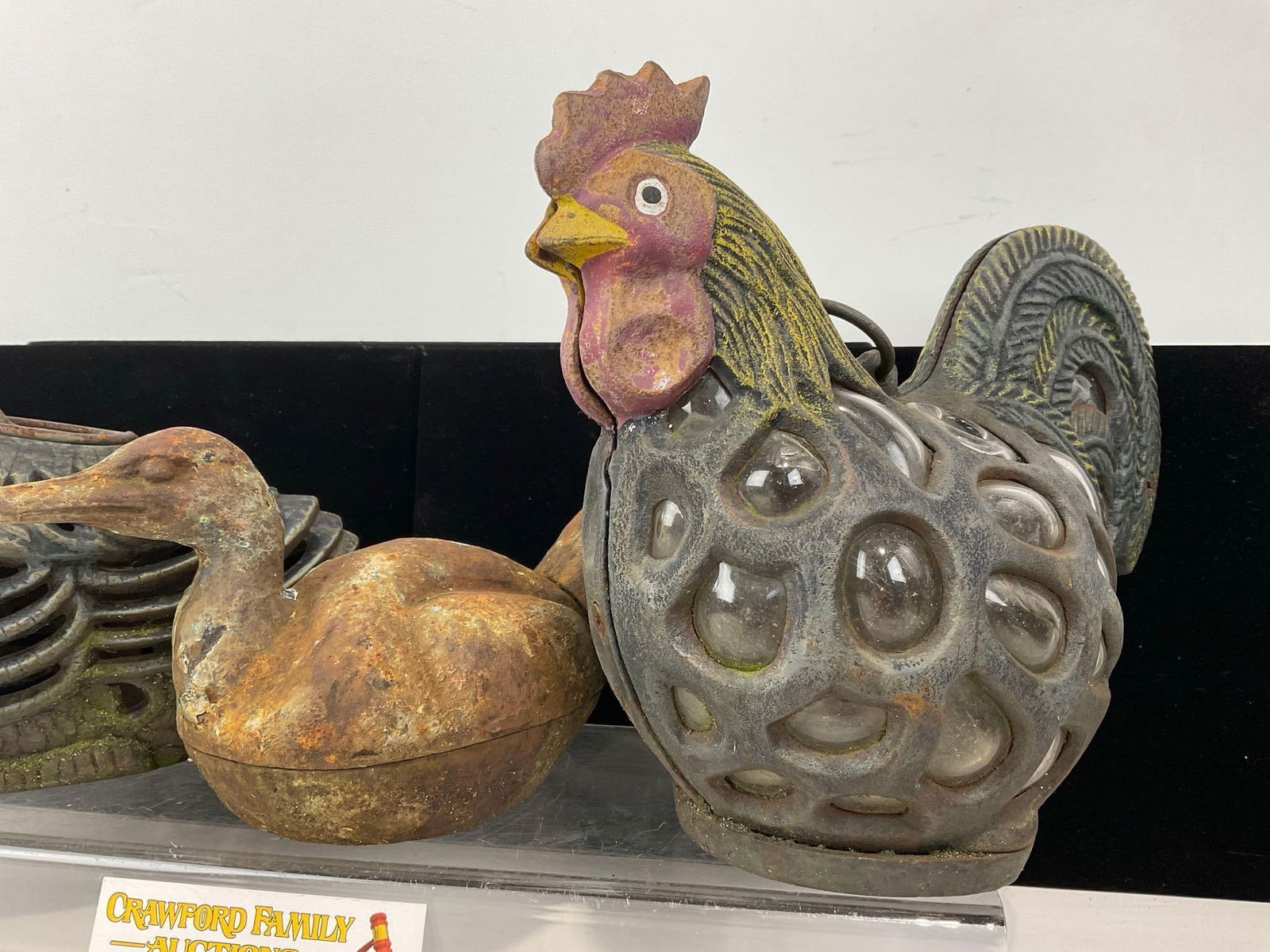 2 Cast Iron Figural Candleholders Ducks & Chicken, w/Bubble Glass infill, 9h x 13w x 10d inches - 2