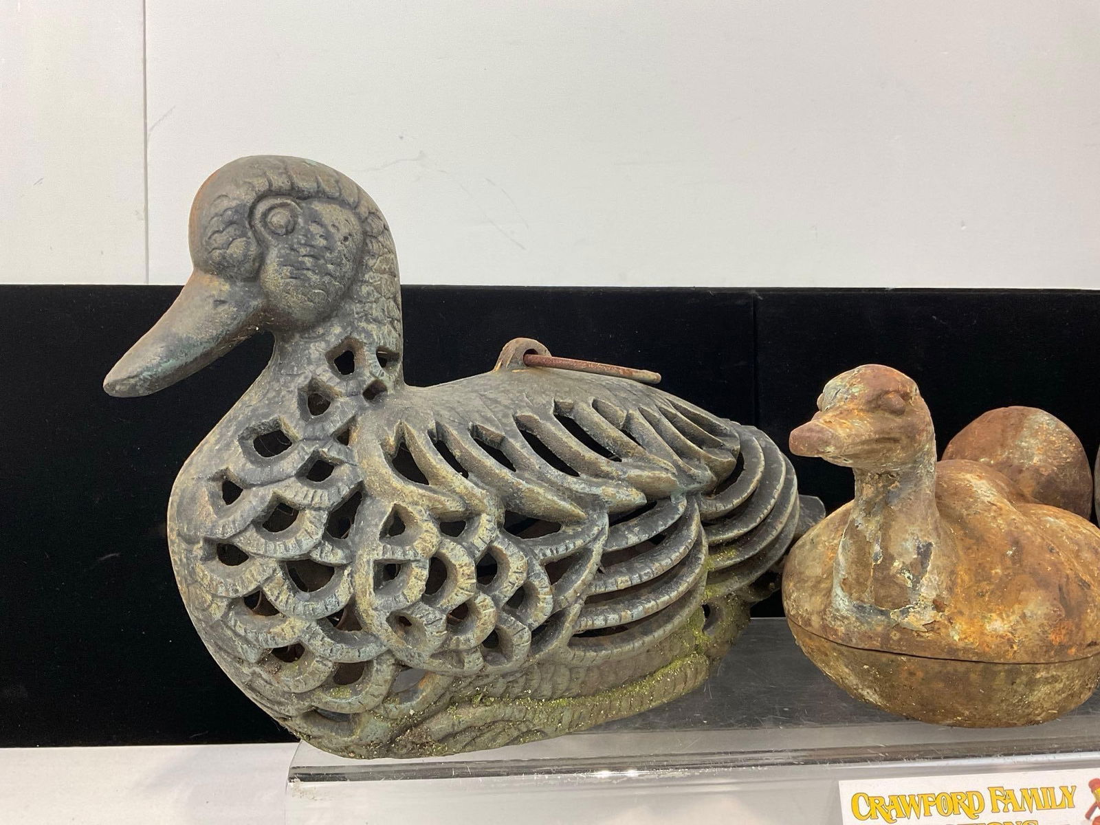 2 Cast Iron Figural Candleholders Ducks & Chicken, w/Bubble Glass infill, 9h x 13w x 10d inches - 3