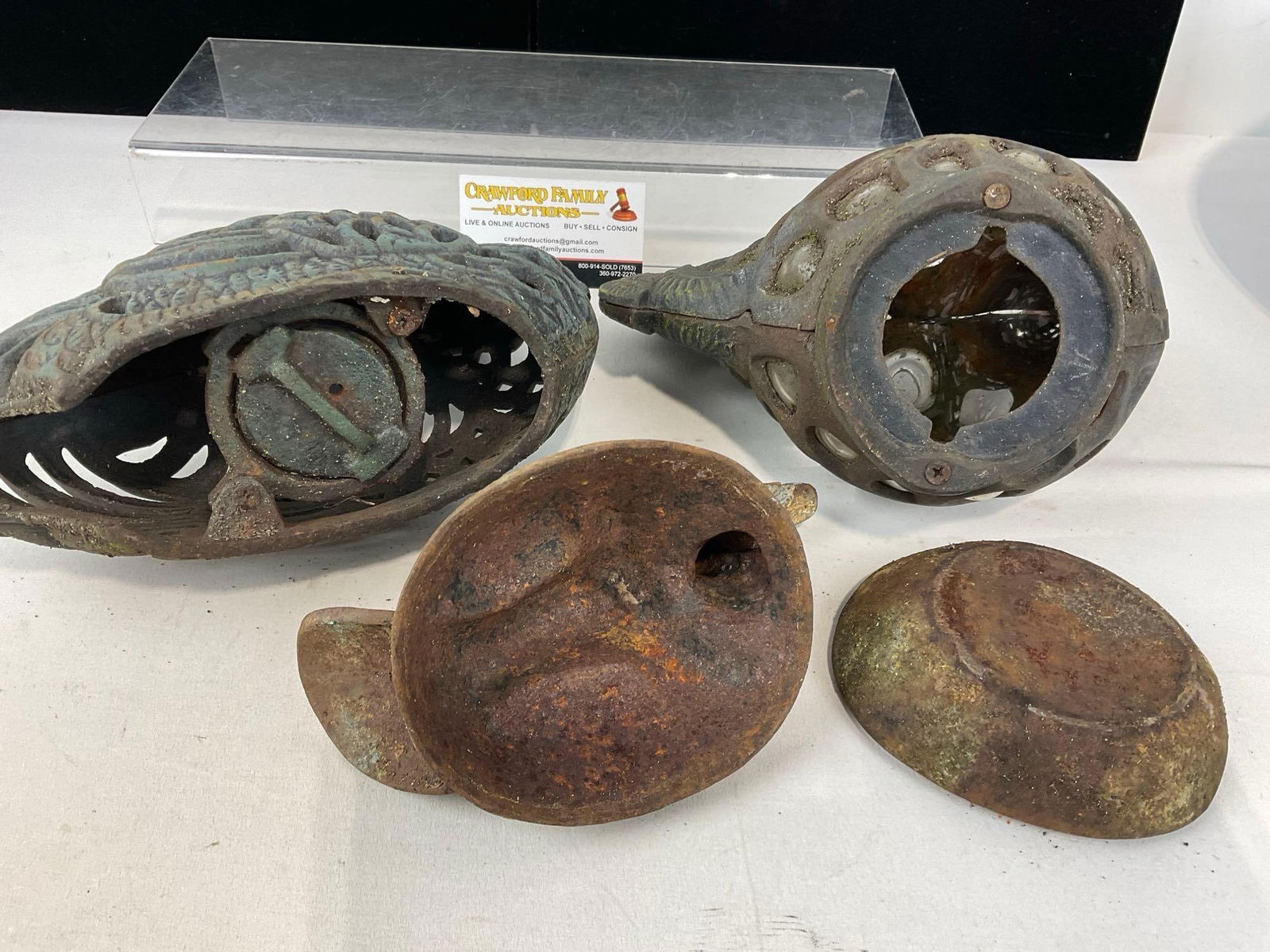 2 Cast Iron Figural Candleholders Ducks & Chicken, w/Bubble Glass infill, 9h x 13w x 10d inches - 5