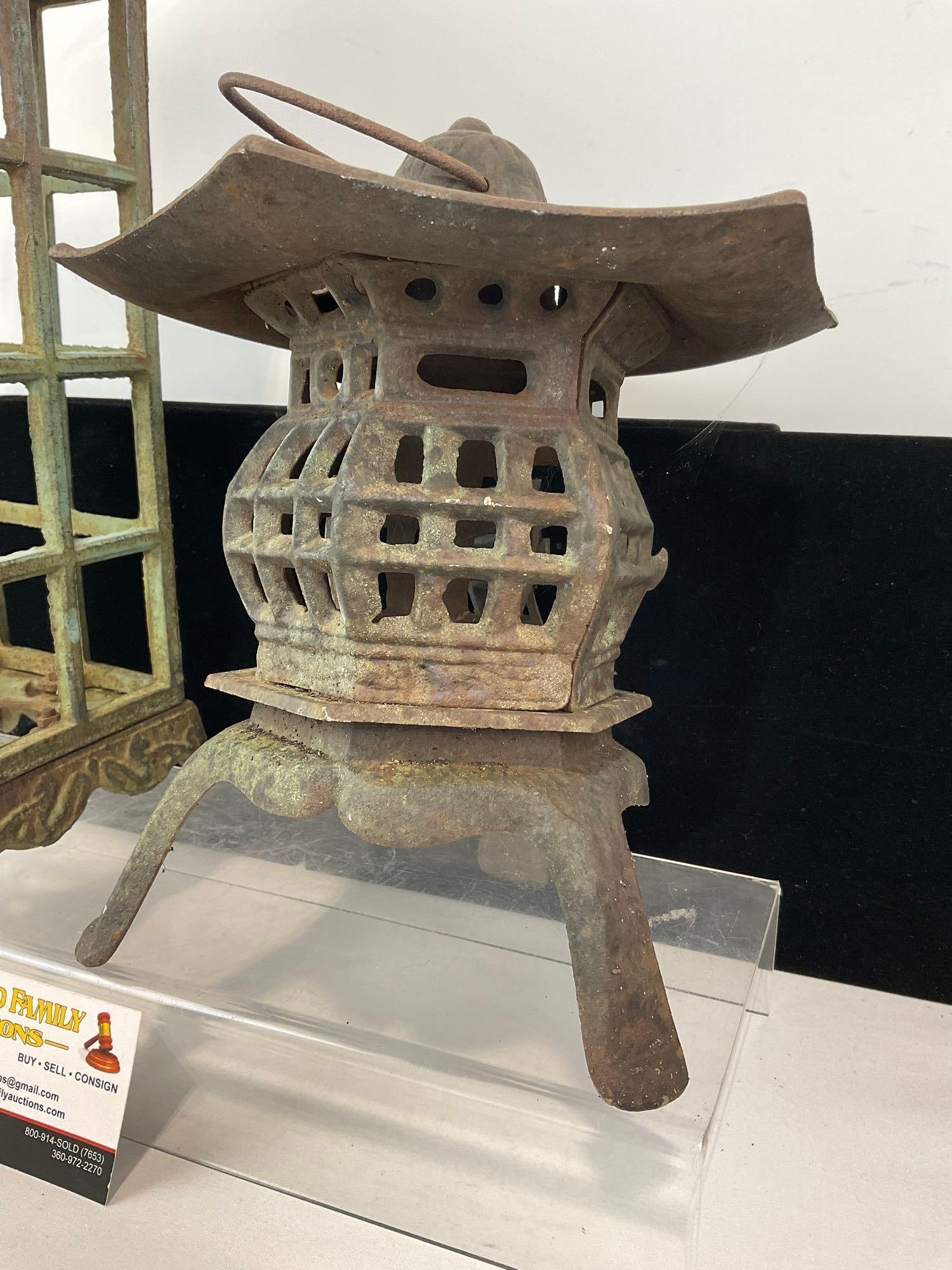 2 Cast Iron Candleholders, Pagoda & Lantern figural piece, 13h x 13w x 8d inches - 5