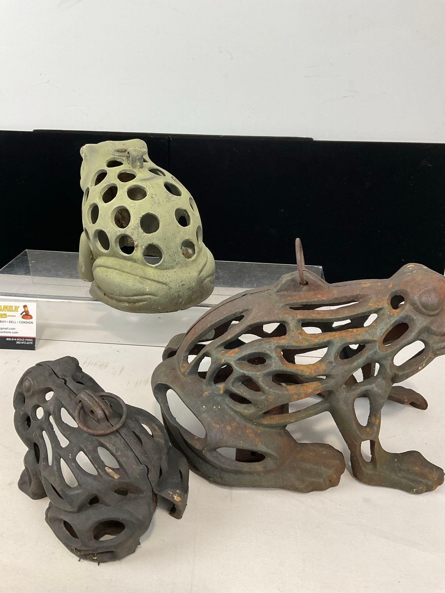 3 Cast Iron Frog Shaped Hanging Candleholders, 6h x 13w x 10d inches - 6