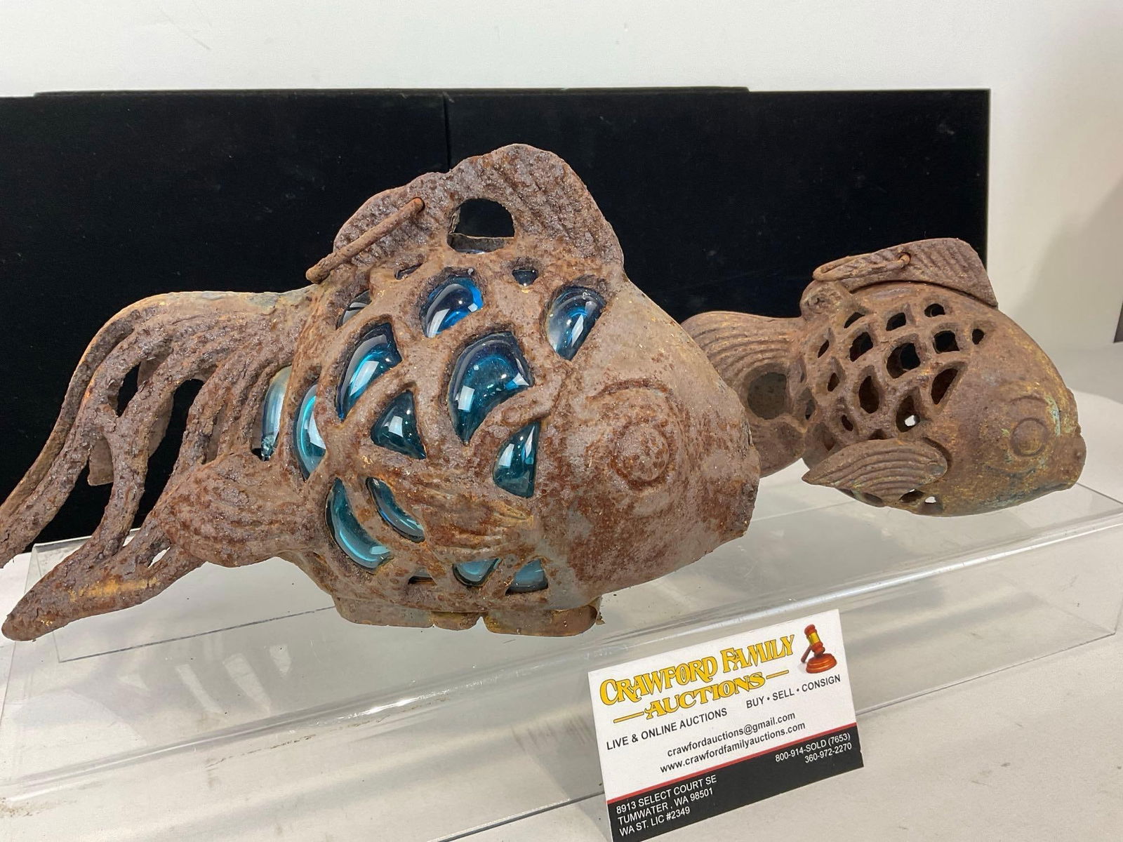 Pair of Cast Iron Fish shaped Candleholders, Blue Bubble Glass & Smaller piece, 6h x 10w x 10d inch - 2