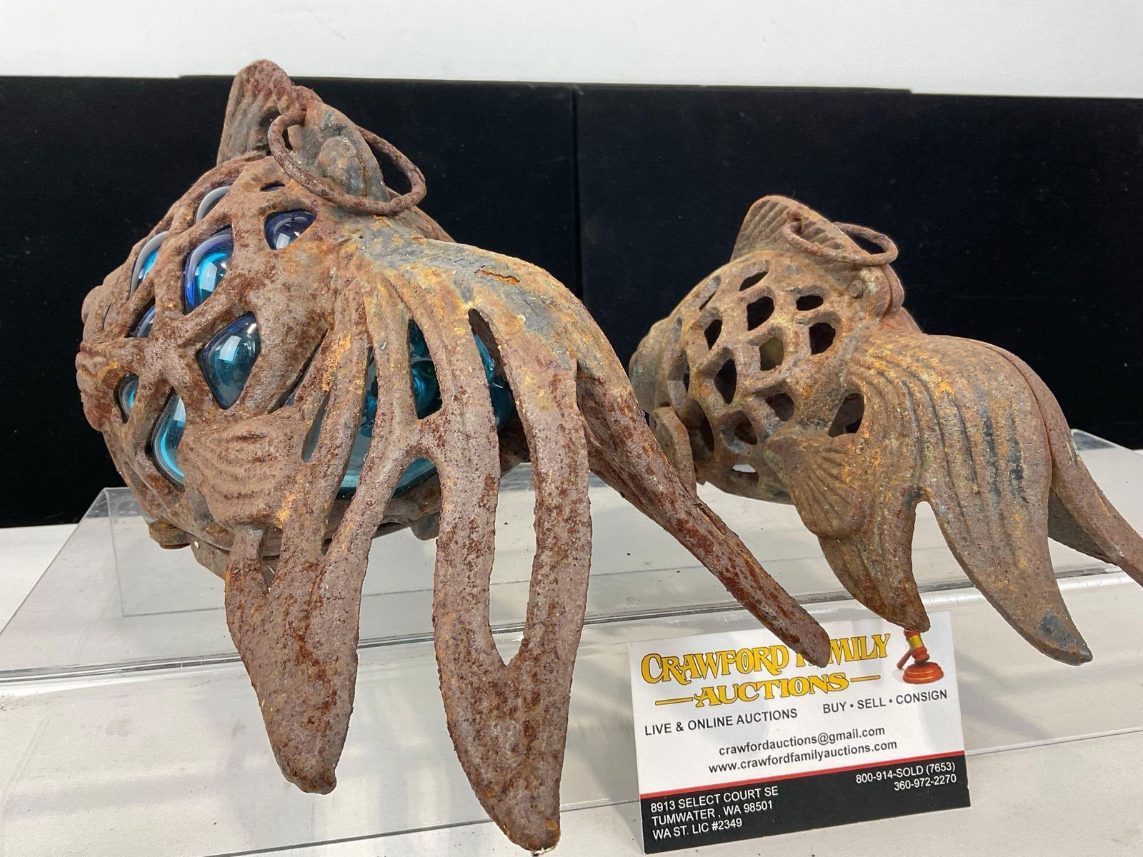 Pair of Cast Iron Fish shaped Candleholders, Blue Bubble Glass & Smaller piece, 6h x 10w x 10d inch - 3