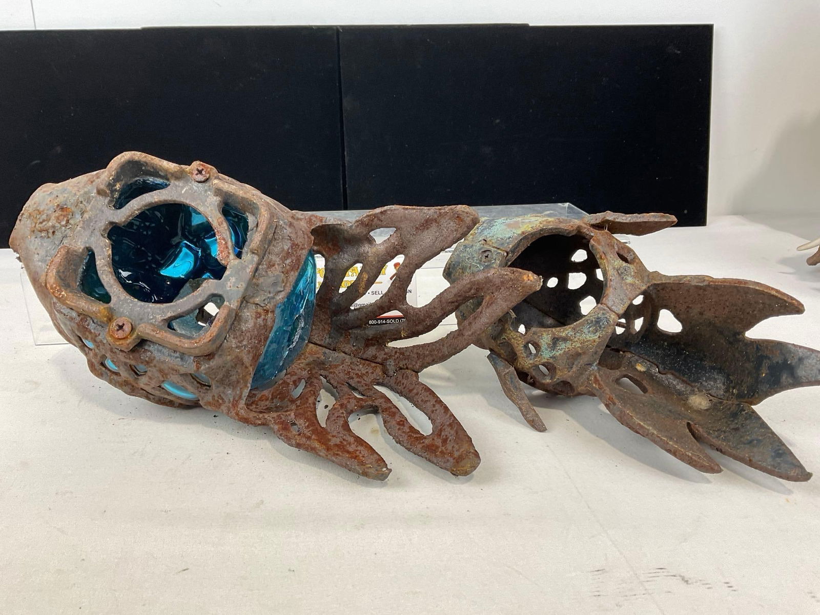 Pair of Cast Iron Fish shaped Candleholders, Blue Bubble Glass & Smaller piece, 6h x 10w x 10d inch - 4