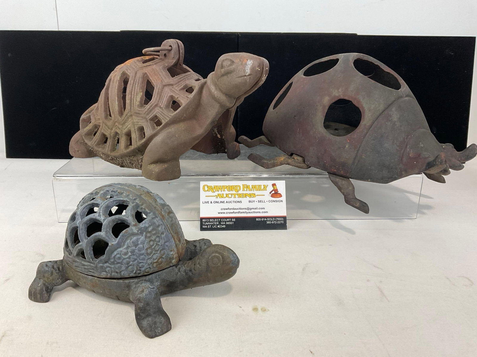 Pair of Cast Iron Turtles & Cast Iron Ladybug, approx 7h x 17w x 17d inches: Appears to be in good shape. The piece measures approx 7h x 17w x 17d inches. See pics. E-5360 