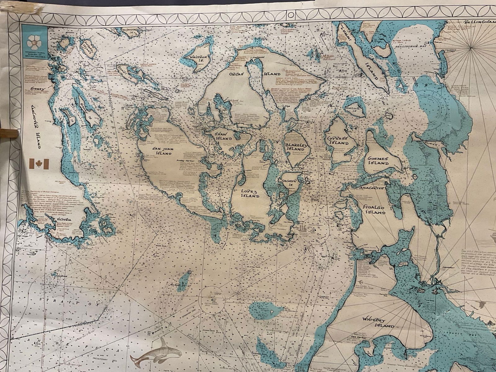 Vintage 1973 Map of Puget Sound & San Juan Islands, 60h x 31w inches - 2