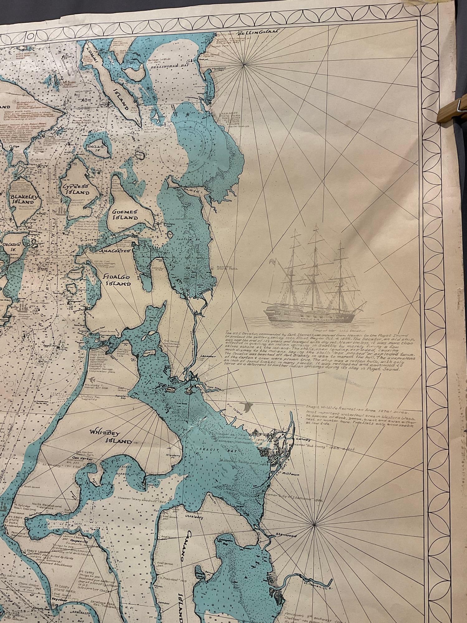 Vintage 1973 Map of Puget Sound & San Juan Islands, 60h x 31w inches - 3