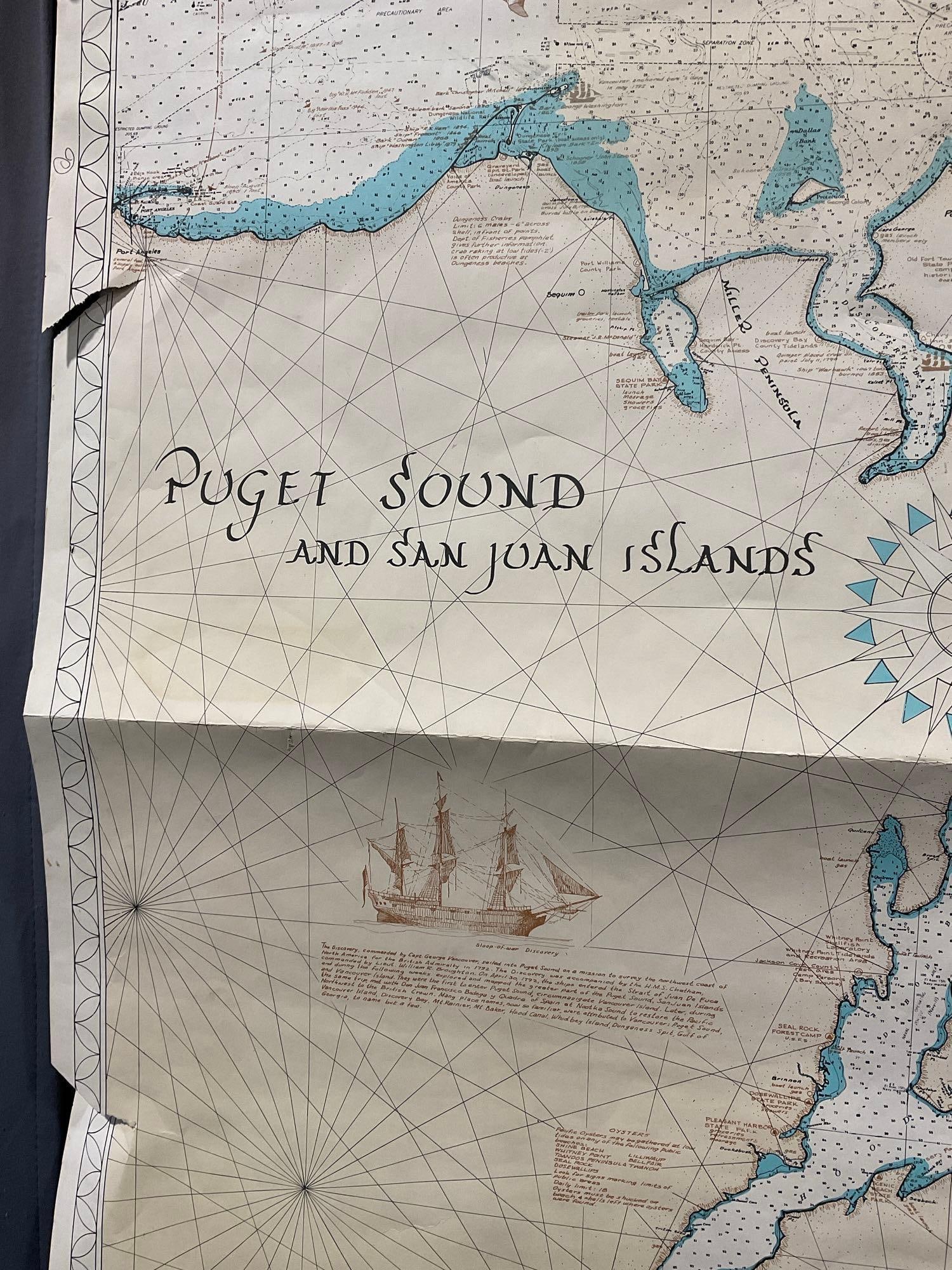 Vintage 1973 Map of Puget Sound & San Juan Islands, 60h x 31w inches - 4