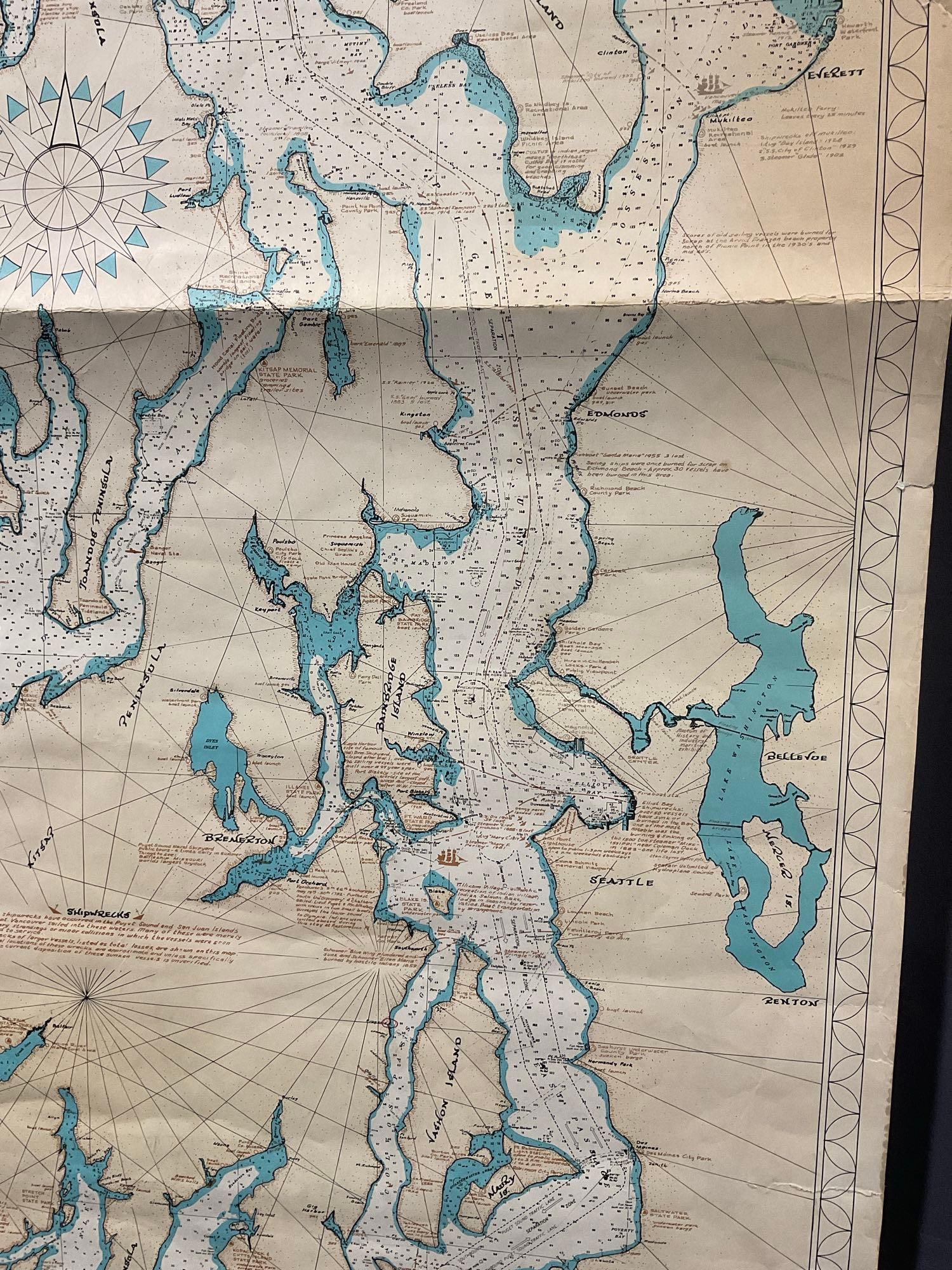 Vintage 1973 Map of Puget Sound & San Juan Islands, 60h x 31w inches - 5