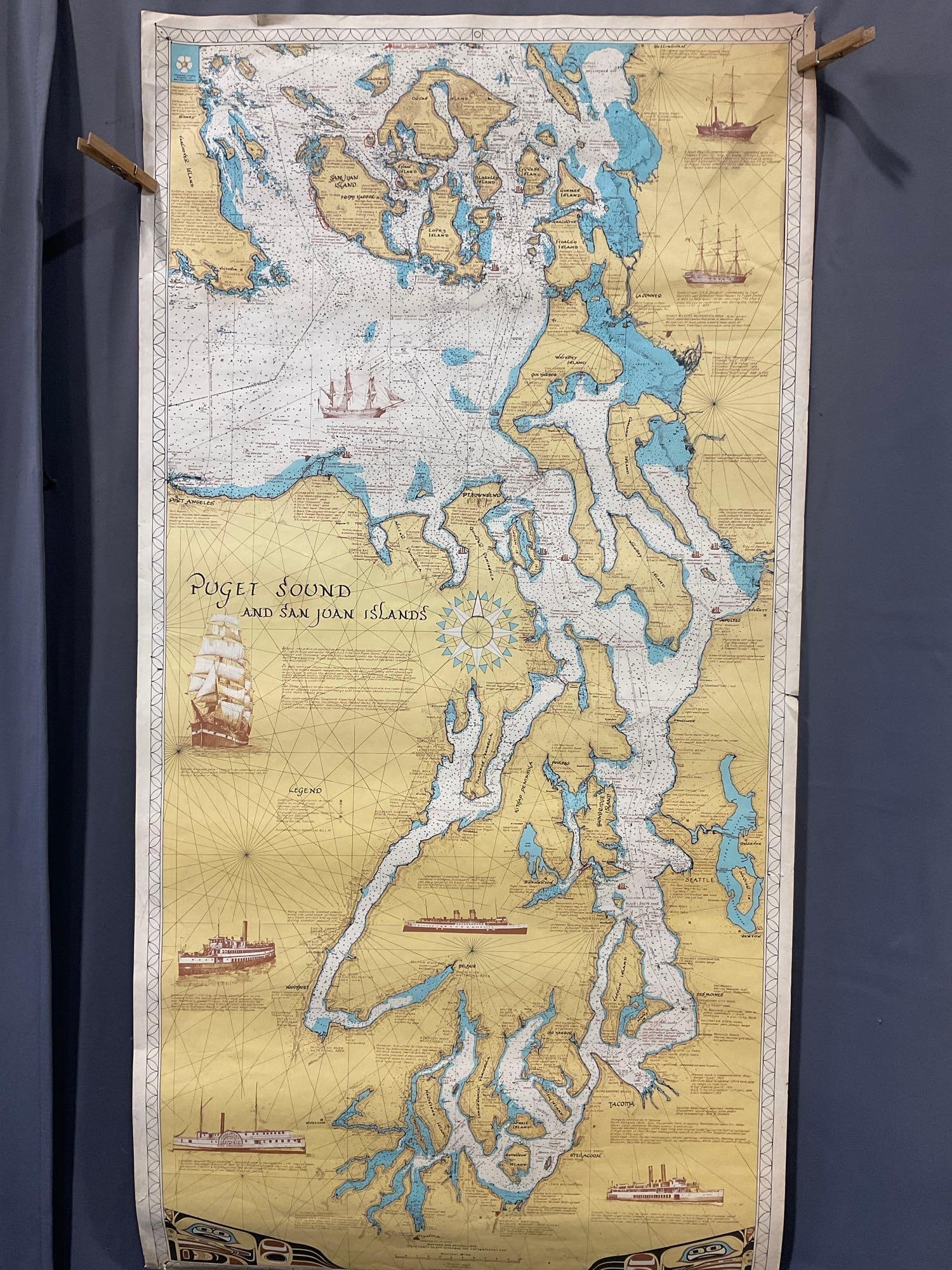 Vintage Sobay 1973 Chart, Puget Sound & San Juan Islands, 49h x 26w inches: Appears to be in fair to good shape. The piece measures approx 26h x 4w x 4d inches when rolled up. See pics. E-5360 