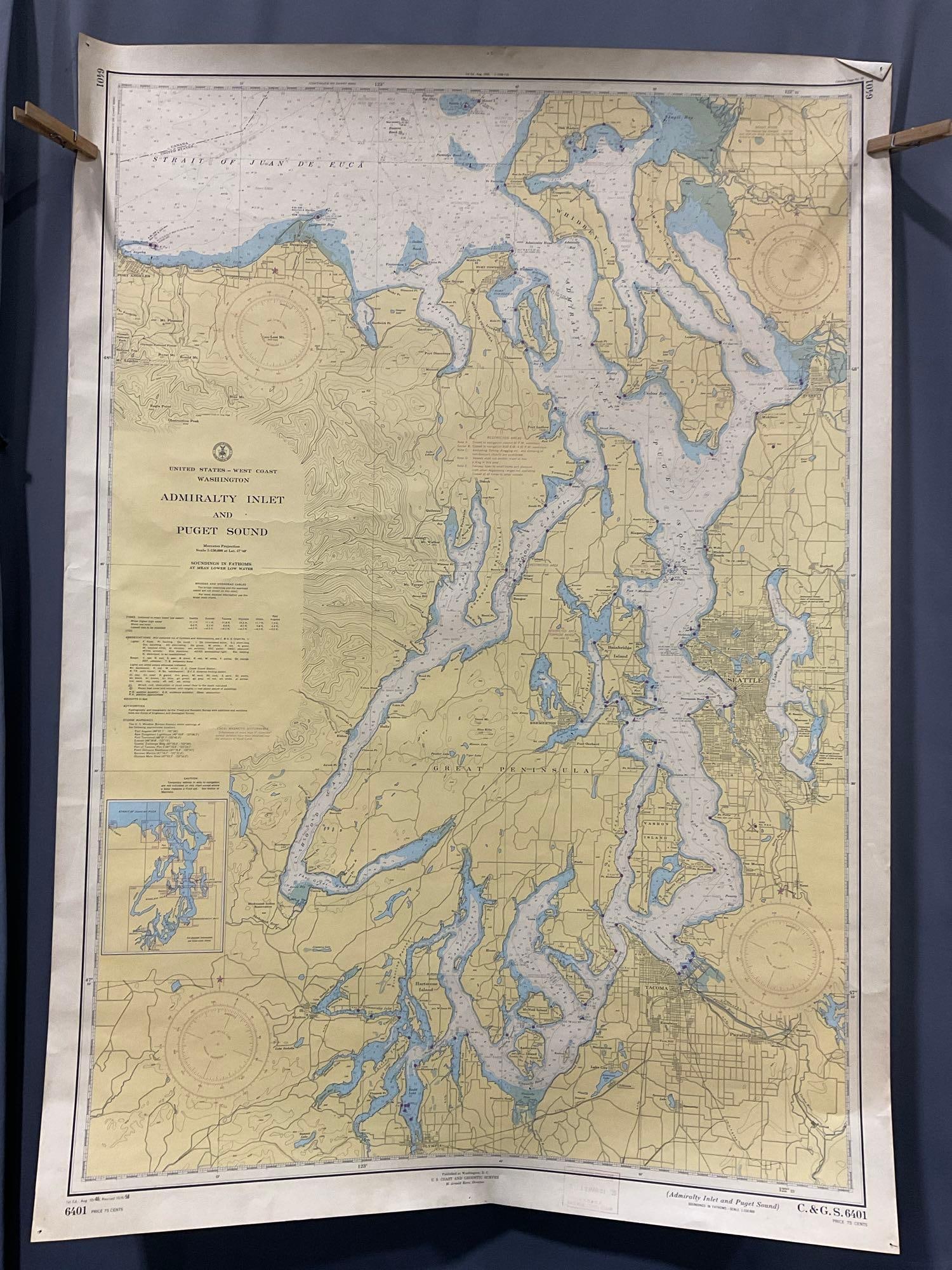 Vintage 1940s US DOC Chart of Admiralty Inlet & Puget Sound, WA State, 42h x 30w inches: Was revised in 1958-59. Appears to be in good shape. The piece measures approx 30h x 4w x 4d inches when rolled up. See pics. E-5360 