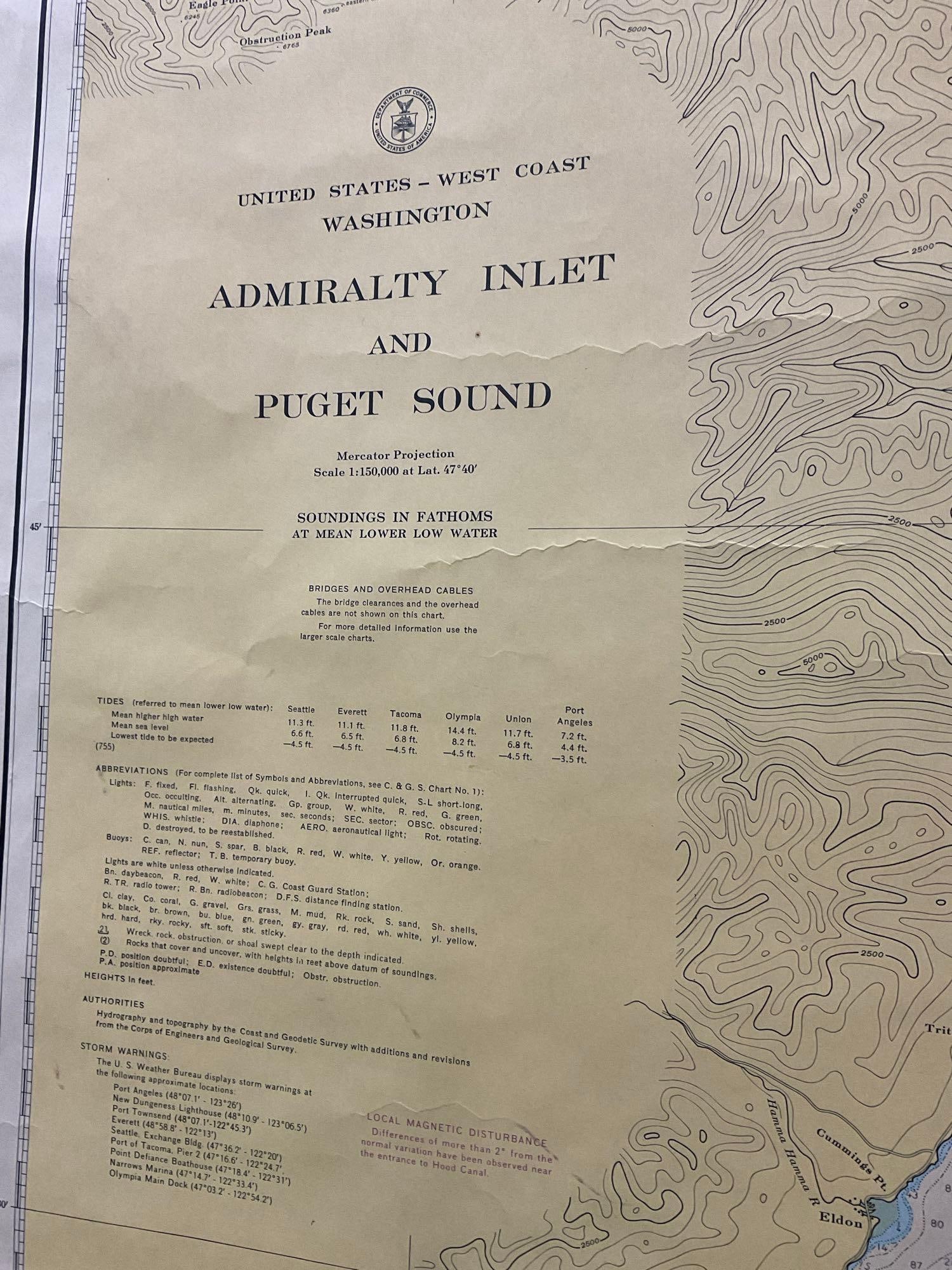 Vintage 1940s US DOC Chart of Admiralty Inlet & Puget Sound, WA State, 42h x 30w inches - 3