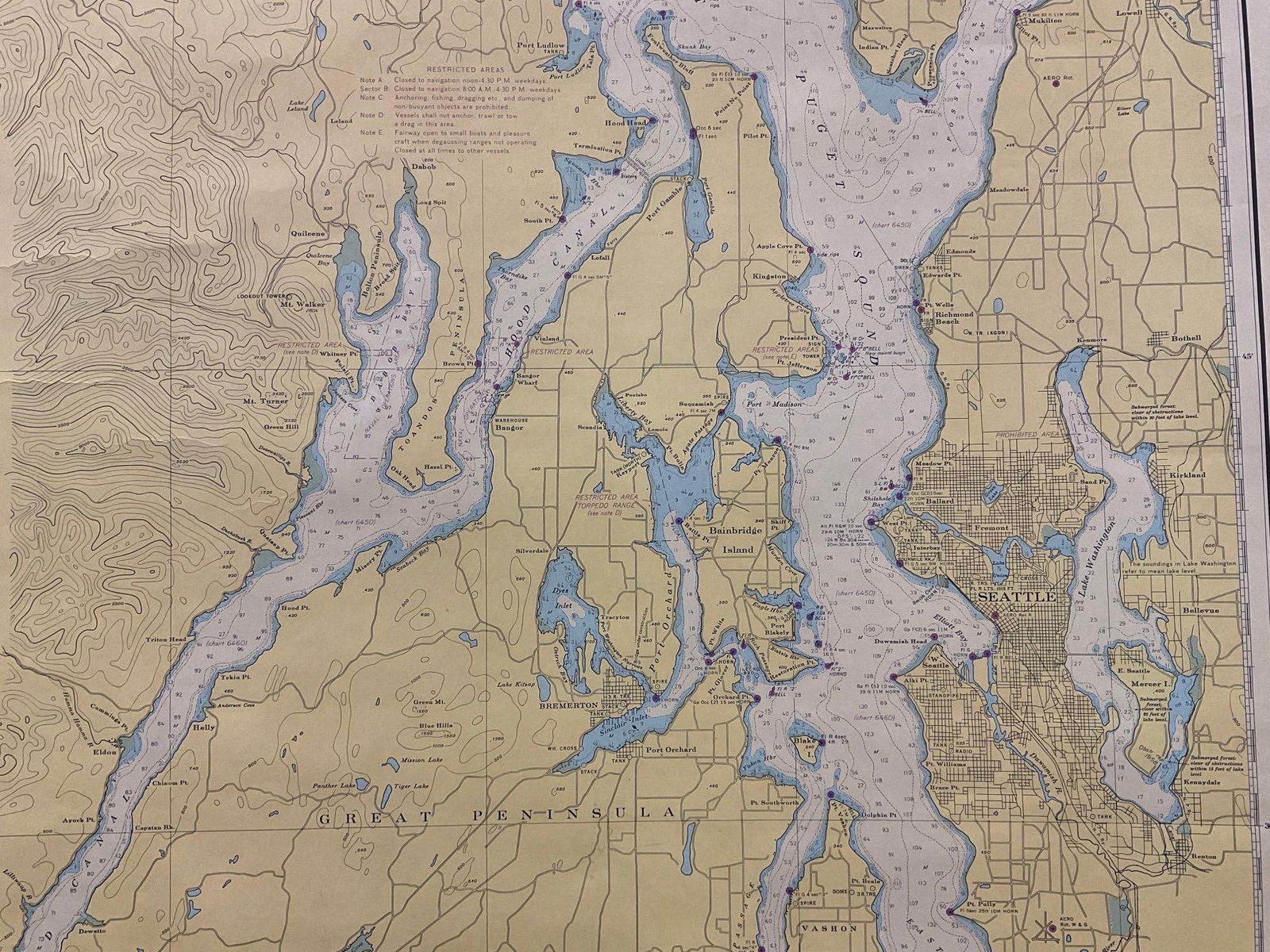 Vintage 1940s US DOC Chart of Admiralty Inlet & Puget Sound, WA State, 42h x 30w inches - 4