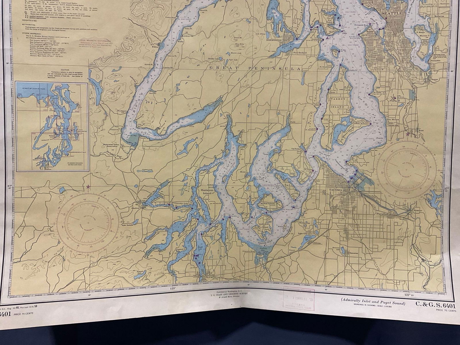 Vintage 1940s US DOC Chart of Admiralty Inlet & Puget Sound, WA State, 42h x 30w inches - 5