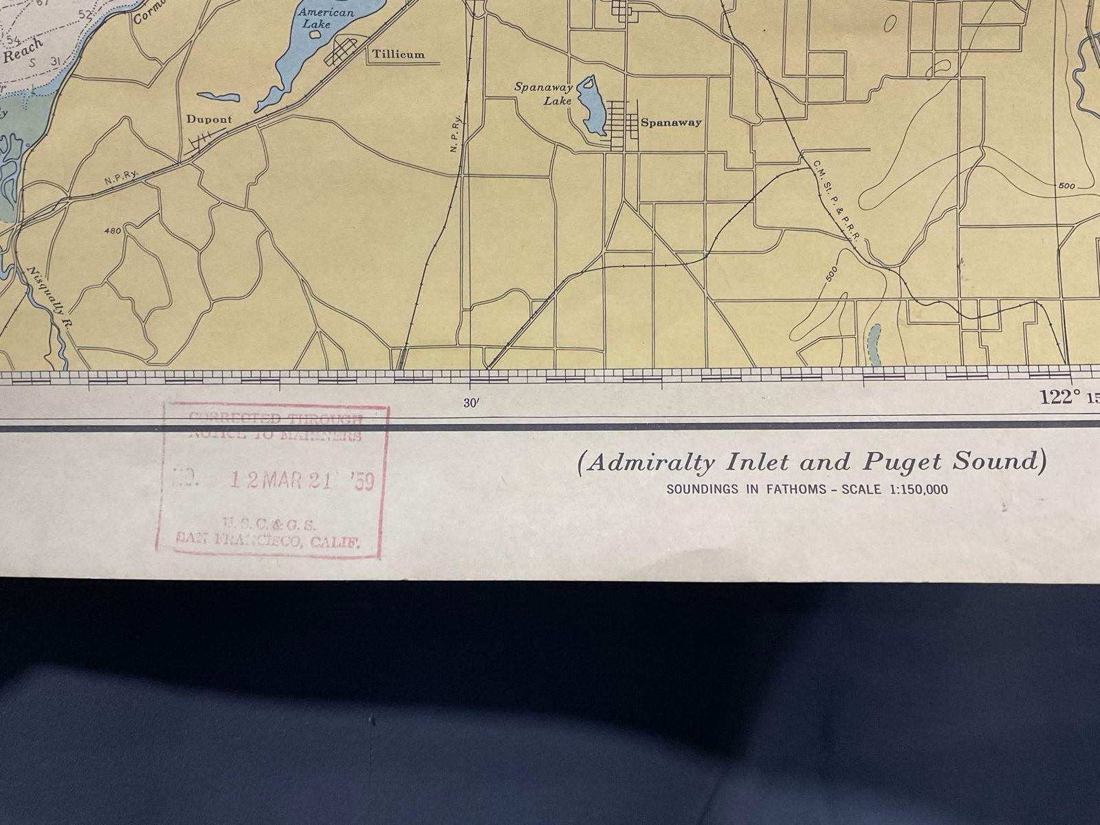 Vintage 1940s US DOC Chart of Admiralty Inlet & Puget Sound, WA State, 42h x 30w inches - 6