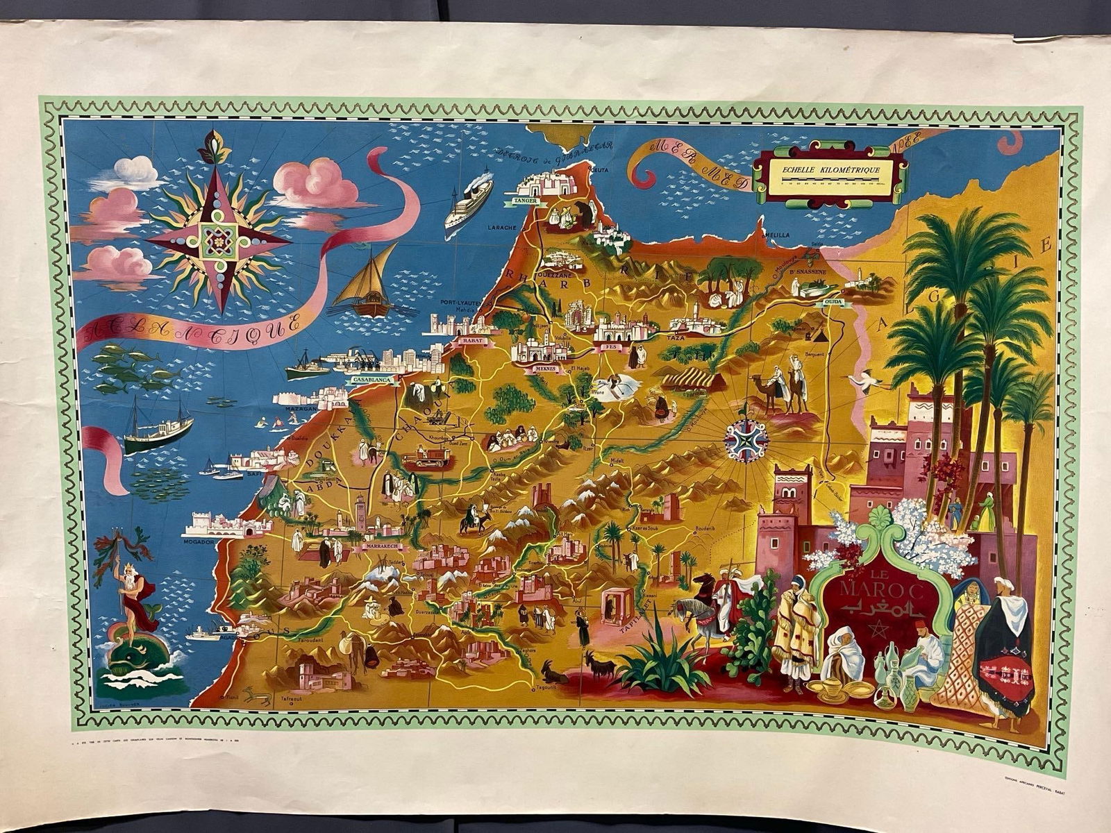 Vintage Pictorial Morocco map, titled La Maroc, 31h x 47w inches (1 of 6)