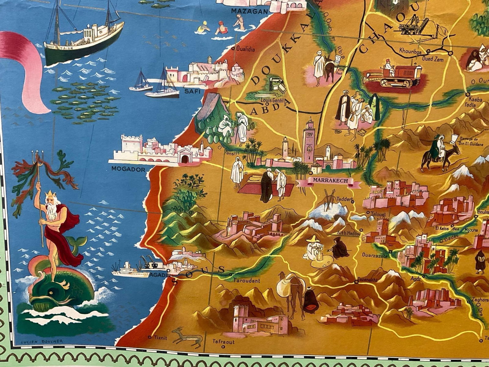 Vintage Pictorial Morocco map, titled La Maroc, 31h x 47w inches - 3