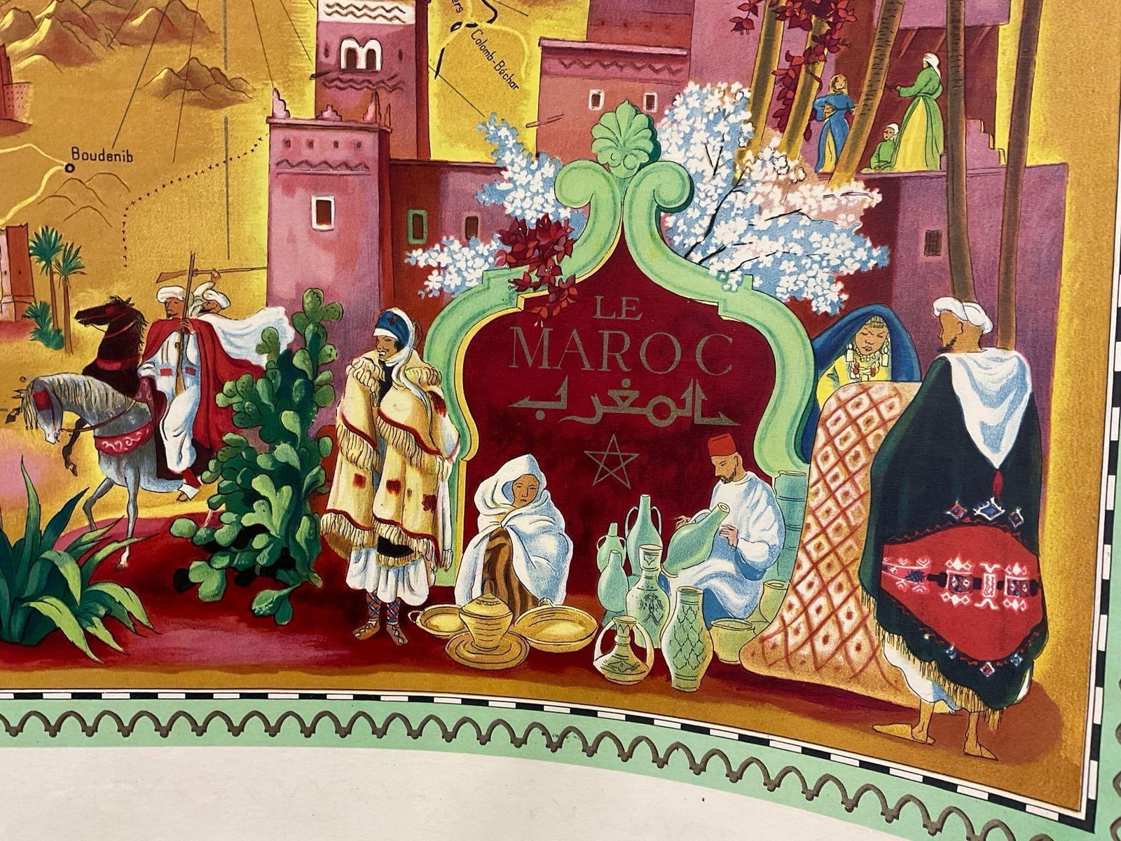 Vintage Pictorial Morocco map, titled La Maroc, 31h x 47w inches - 4