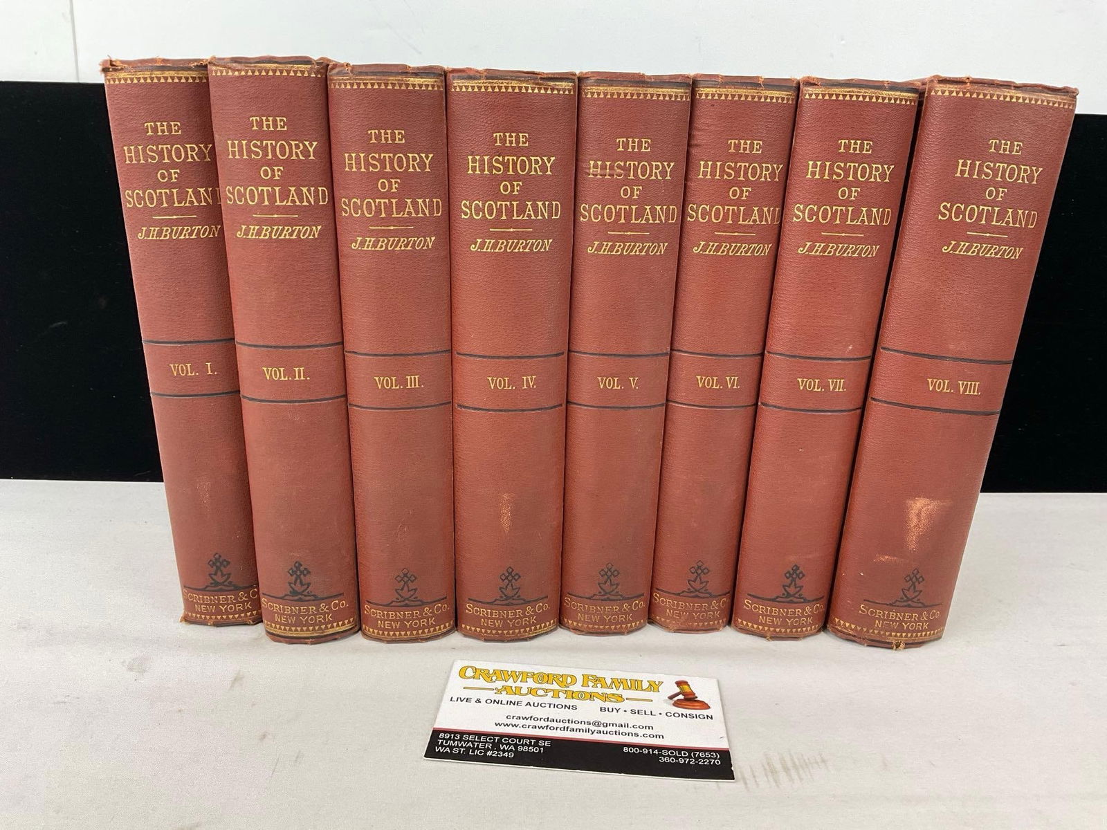 Antique Set of Books, The History of Scotland vols 1-8 by John Hill Burton, 12h x 6w x 9d inches: Appears to be in good shape. The piece measures approx 12h x 6w x 9d inches. See pics. E-5360 