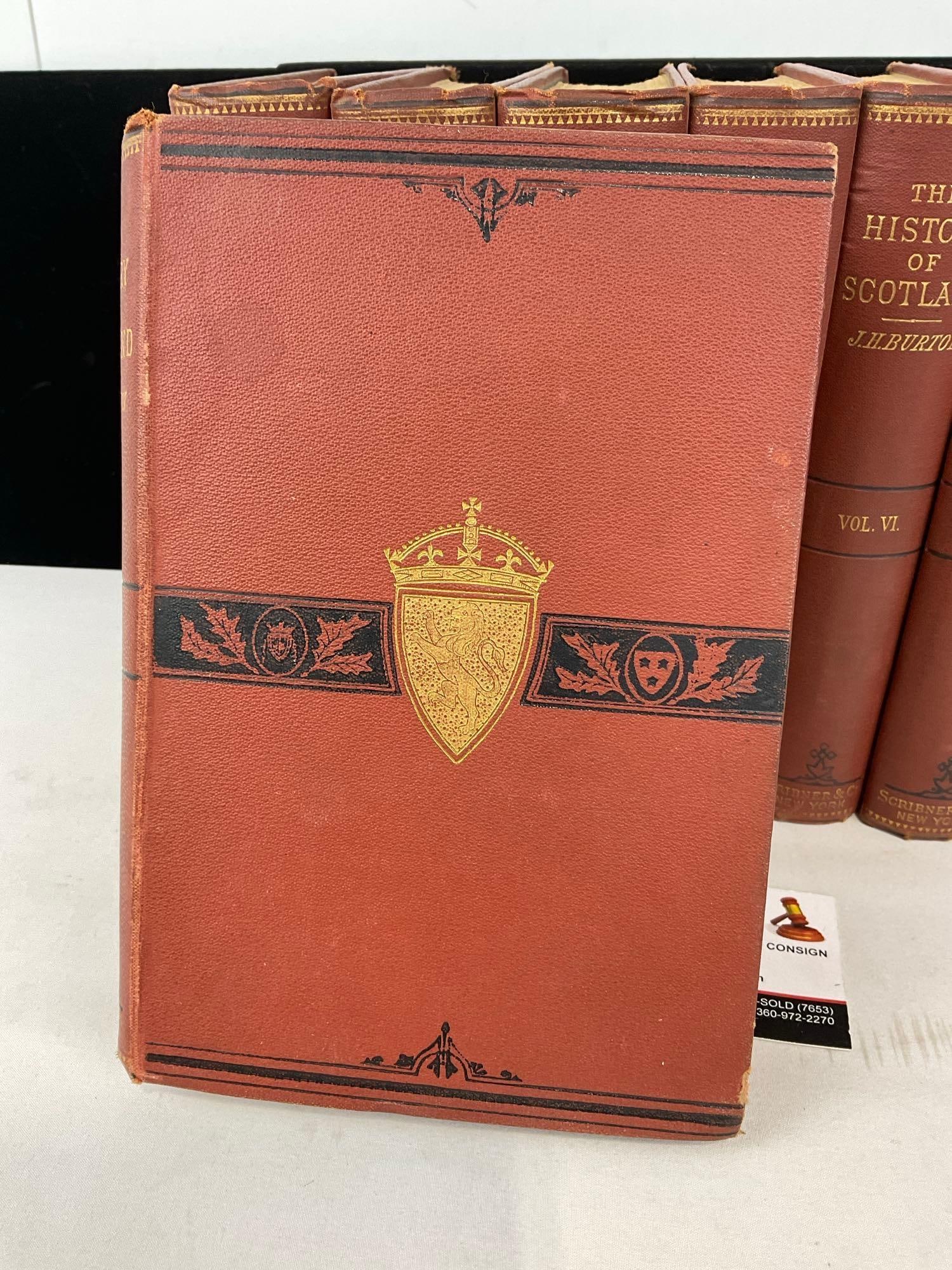 Antique Set of Books, The History of Scotland vols 1-8 by John Hill Burton, 12h x 6w x 9d inches - 2