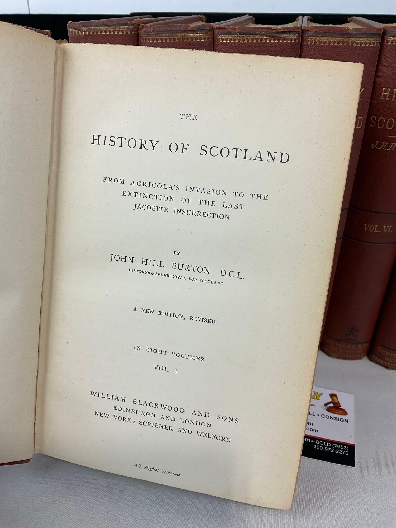 Antique Set of Books, The History of Scotland vols 1-8 by John Hill Burton, 12h x 6w x 9d inches - 3