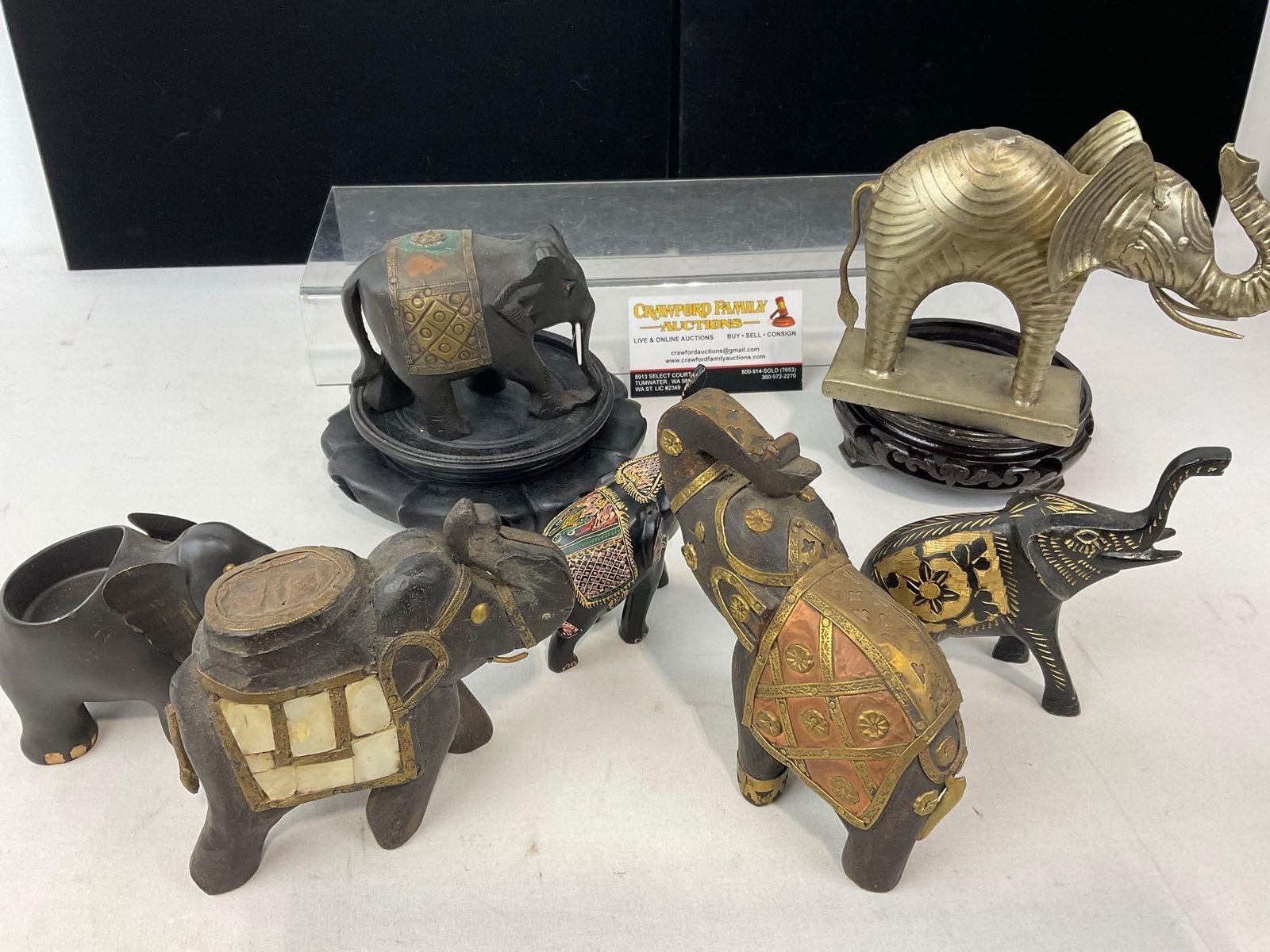 7 Elephant Decor Figures, Brass Inlay, one w/ MOP, 2 Wooden Stands, 7h x 12w x 8d inches - 3