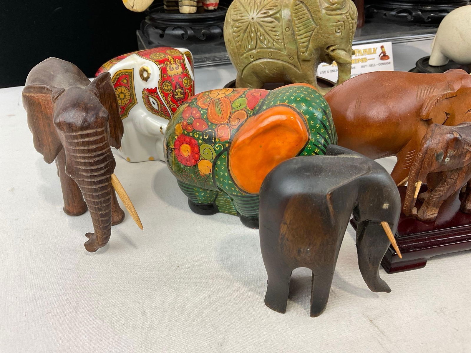 Assortment of Elephant Figures, 20 pieces, of various materials, Ceramic, Stone, Carved Wood & more - 2