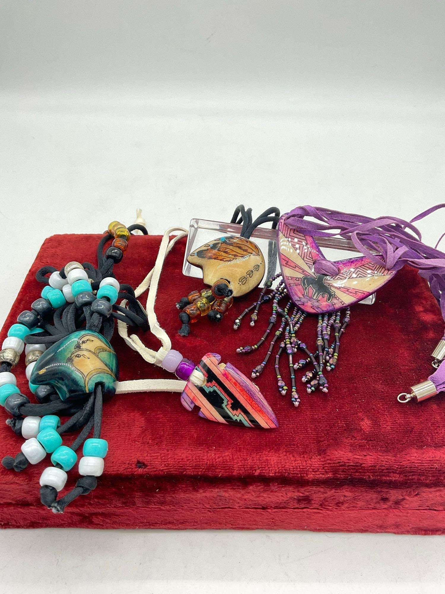 4 x Hand crafted native American necklaces w/ assorted beads and Painted pendants featuring animals (1 of 4)