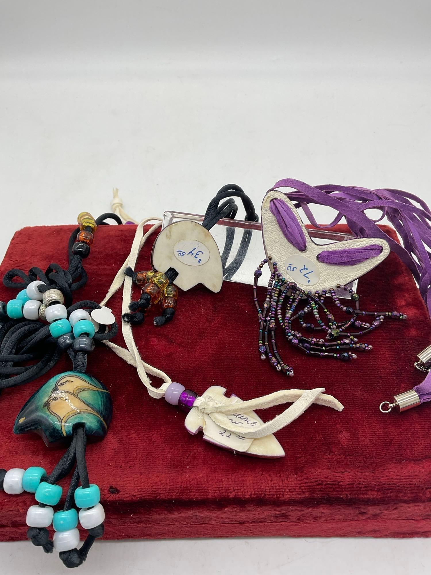 4 x Hand crafted native American necklaces w/ assorted beads and Painted pendants featuring animals - 4