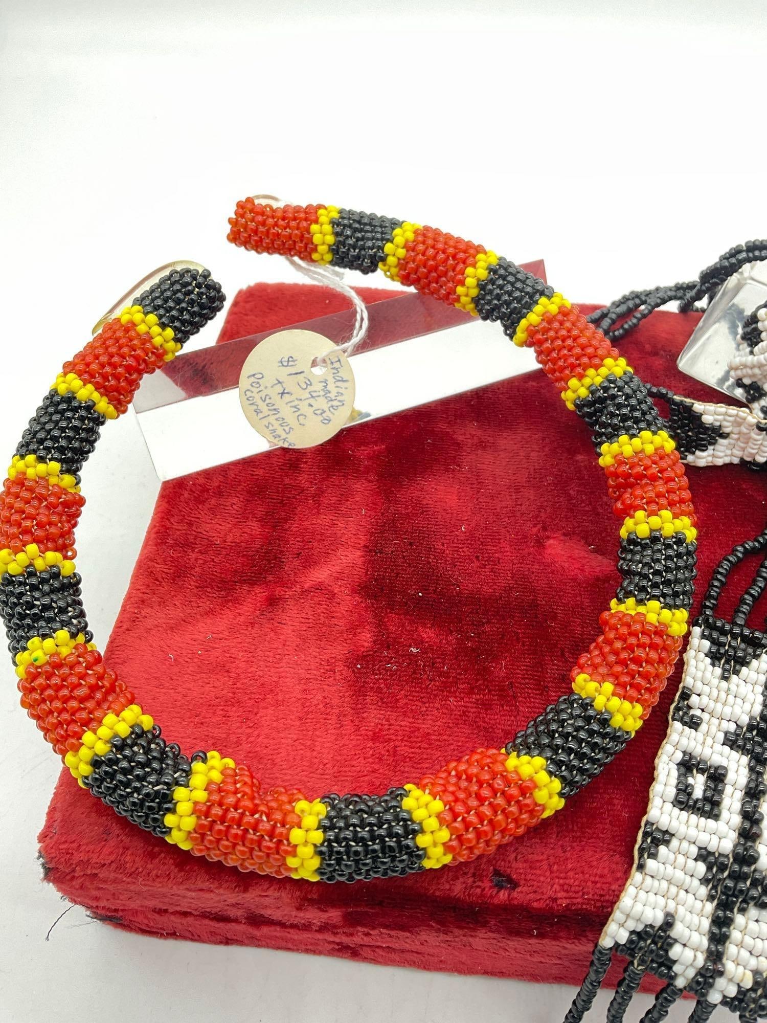 3x Native Amreican Made Hand Beaded Necklaces incl Choker Coral Snake Necklace - 2