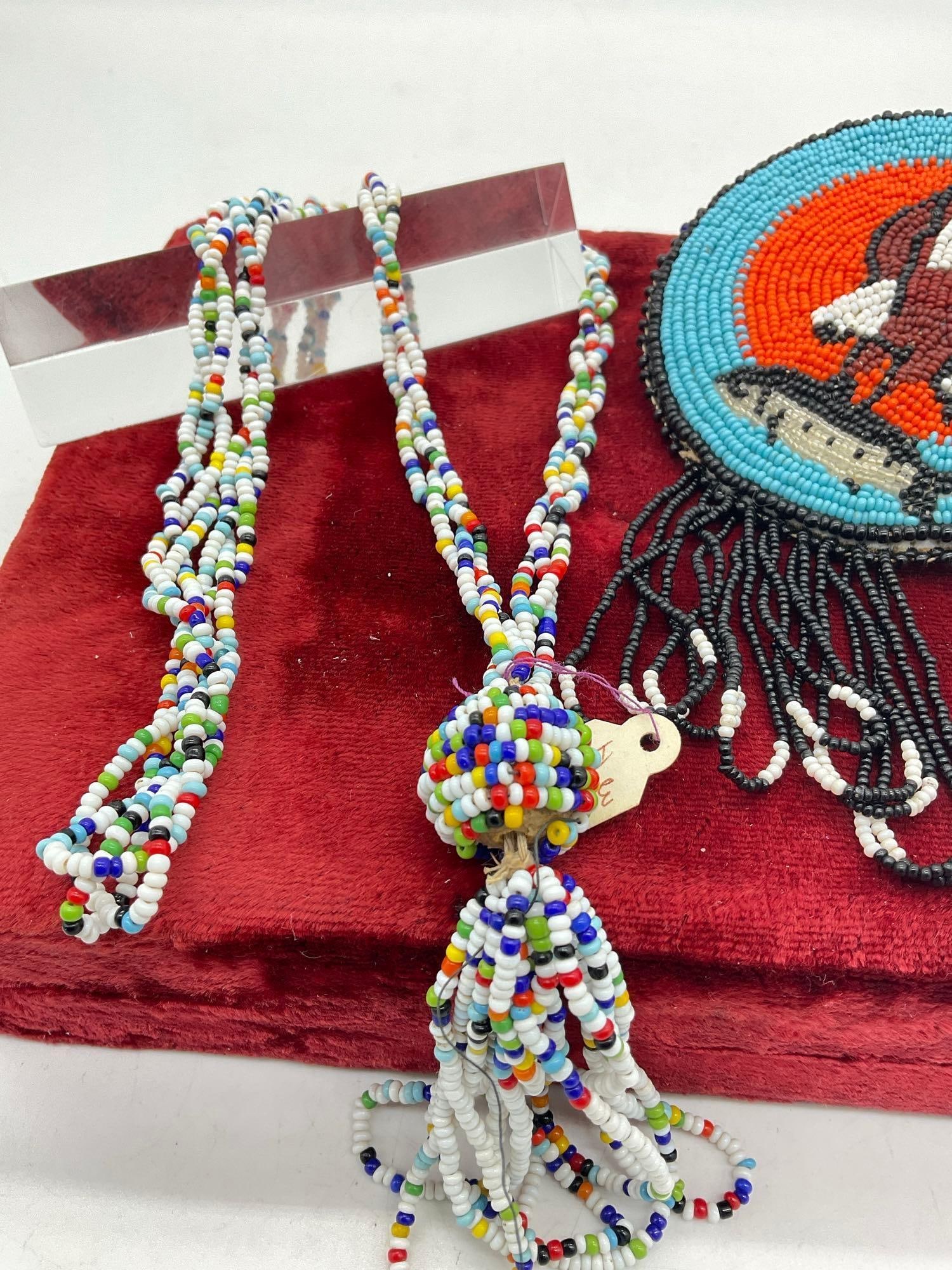 Native American Hand crafted Hair Pipe & Beaded medallion Necklace + Muiti Colored Beaded Necklace - 2