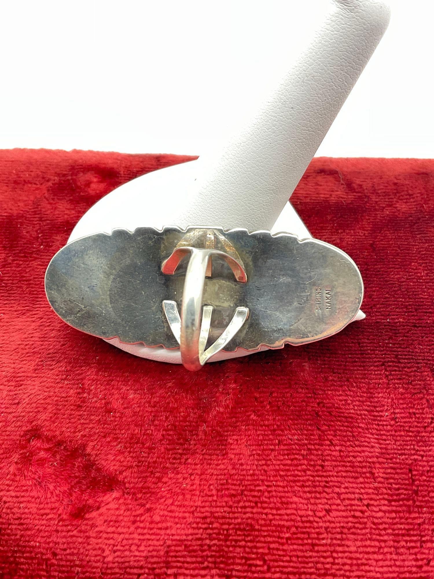 Large Sterling Silver Native American Navajo Ring w/ Black onyx setting signed Nakai sz 8 - 4