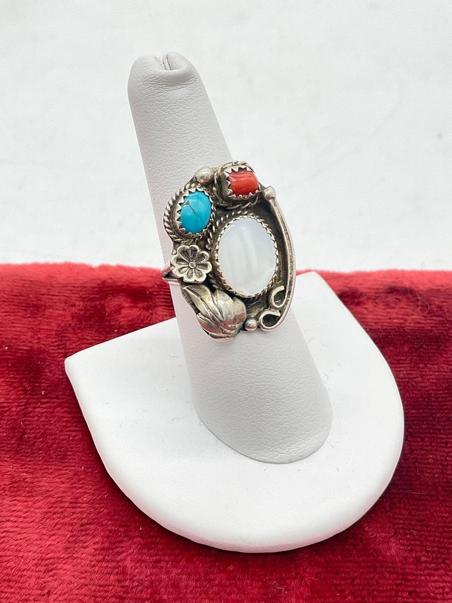 Vintage Navajo Hand Crafted Sterling silver ring w/ MOP, Turquoise, & Coral Signed S. BAHE - 2