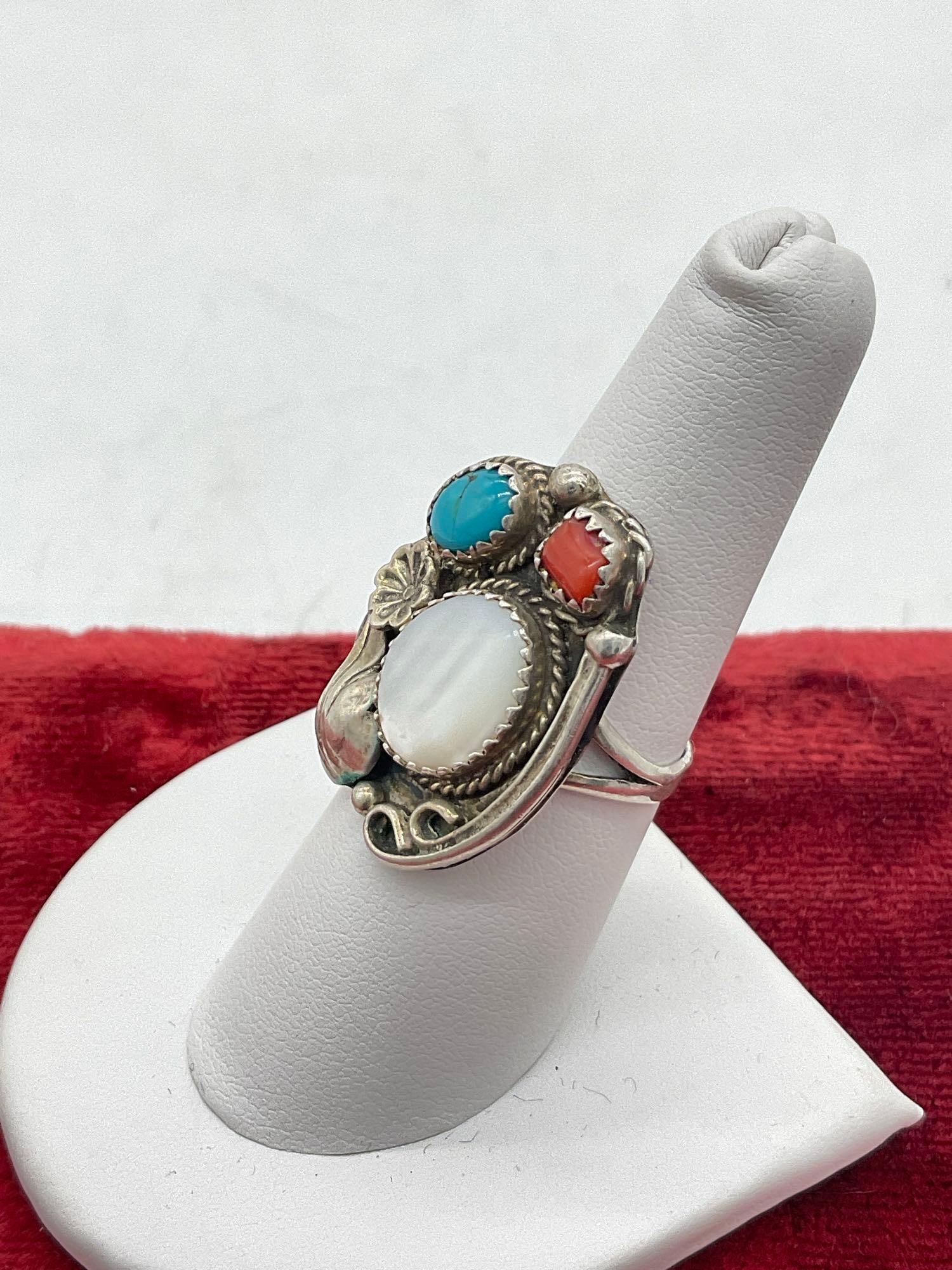 Vintage Navajo Hand Crafted Sterling silver ring w/ MOP, Turquoise, & Coral Signed S. BAHE - 3