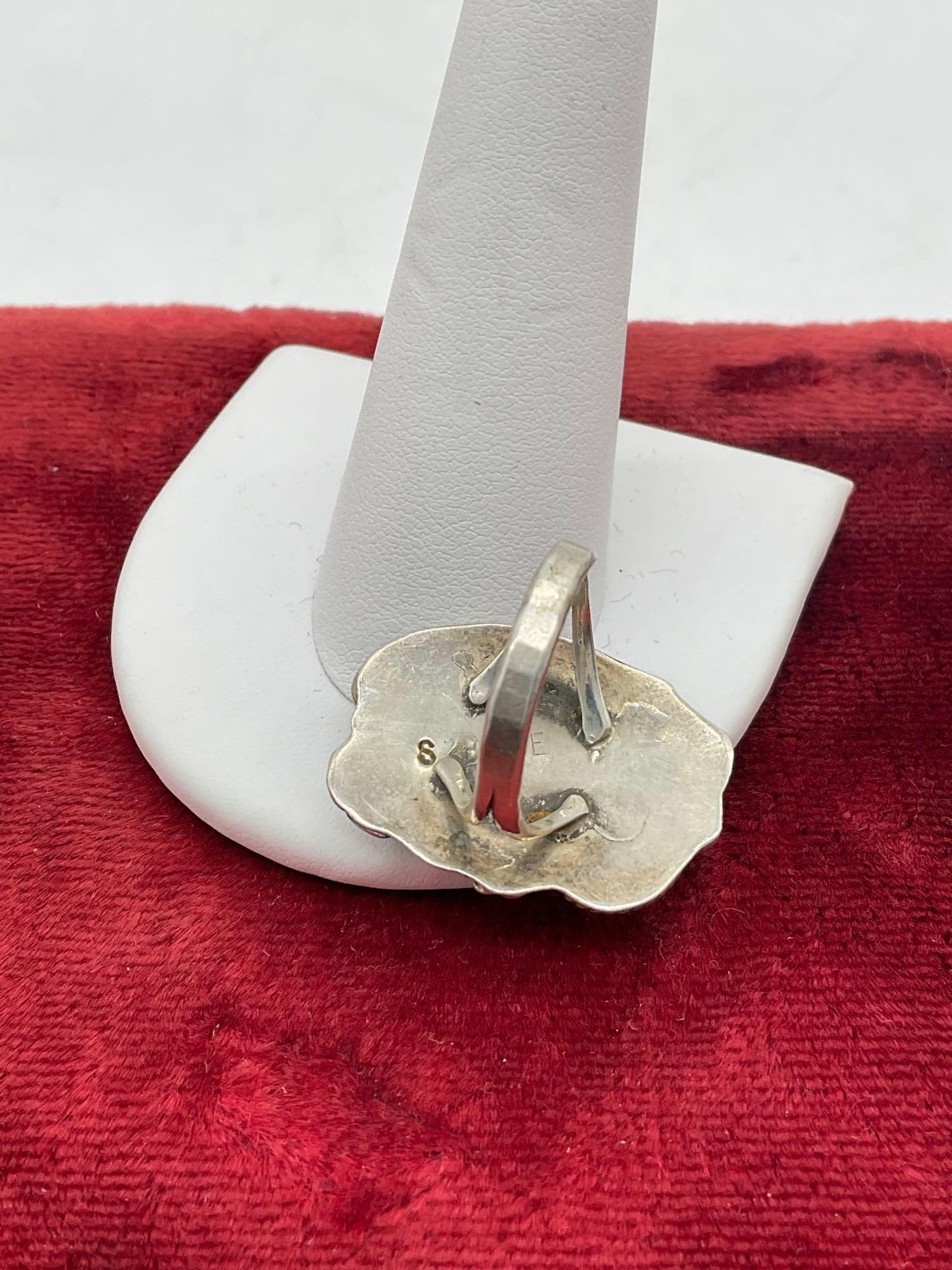 Vintage Navajo Hand Crafted Sterling silver ring w/ MOP, Turquoise, & Coral Signed S. BAHE - 4