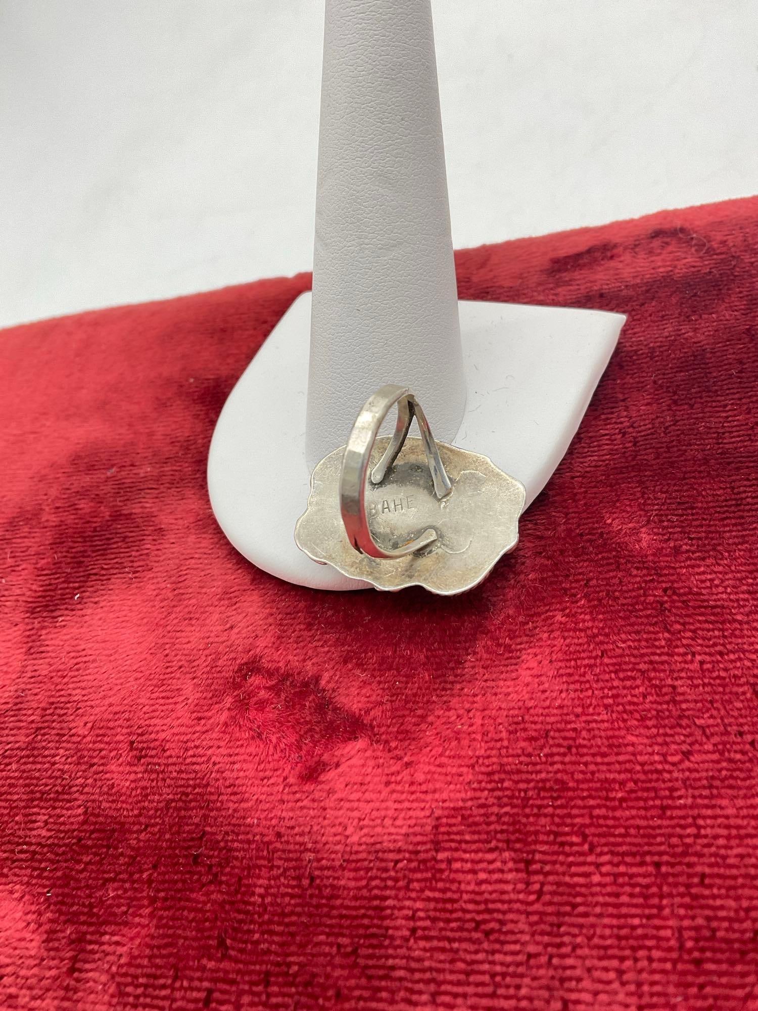 Vintage Navajo Hand Crafted Sterling silver ring w/ MOP, Turquoise, & Coral Signed S. BAHE - 5