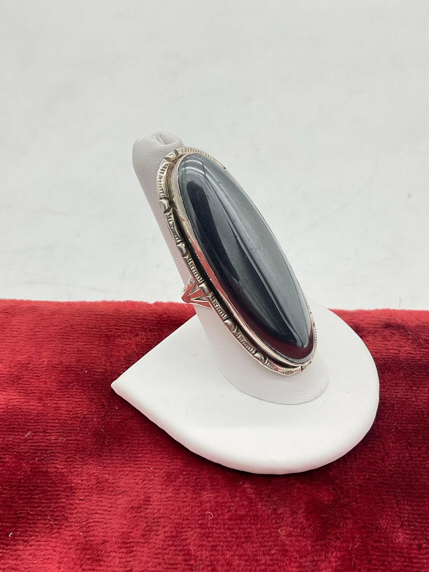 Large Sterling Silver Native American Navajo Ring w/ Hematite setting signed Nakai sz 7.5 - 2