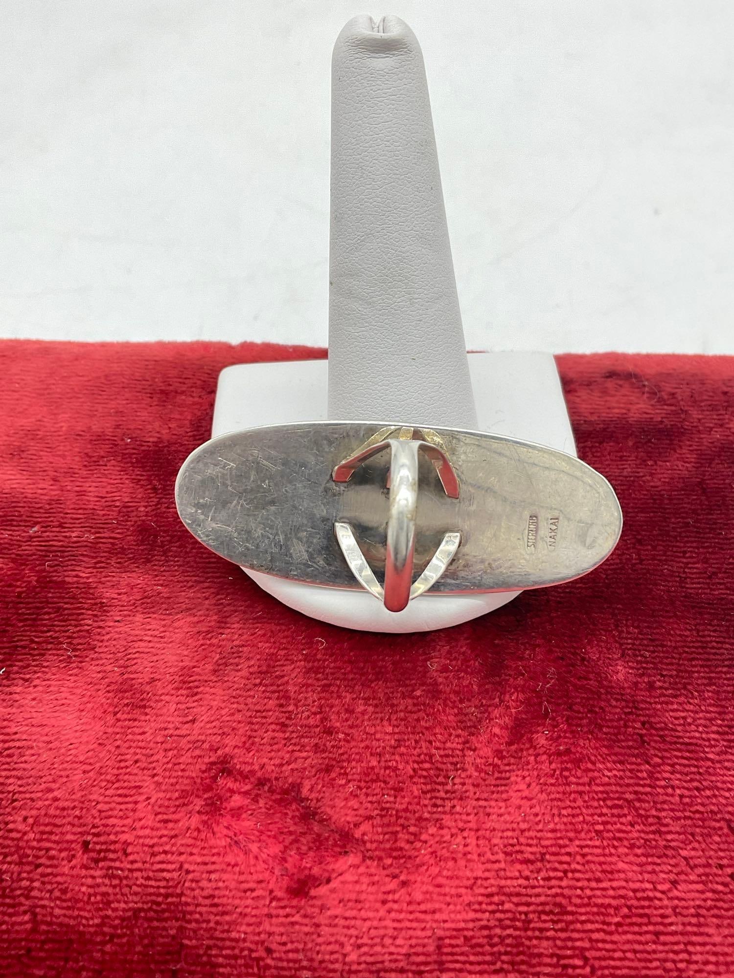 Large Sterling Silver Native American Navajo Ring w/ Hematite setting signed Nakai sz 7.5 - 4