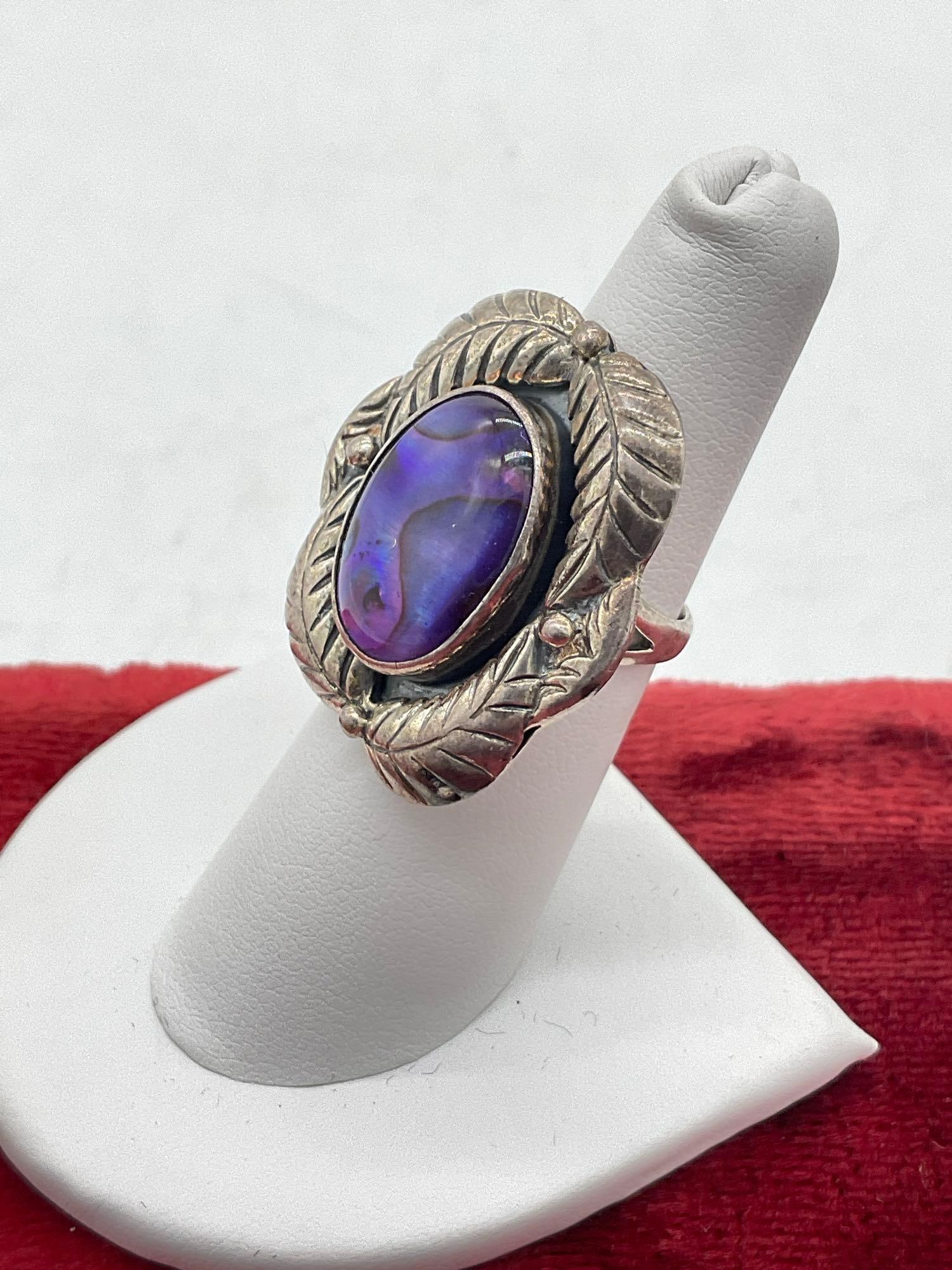 Stunning Sterling silver SW Native American Inspired ring W/ Iridescent abalone shell signed STC - 3