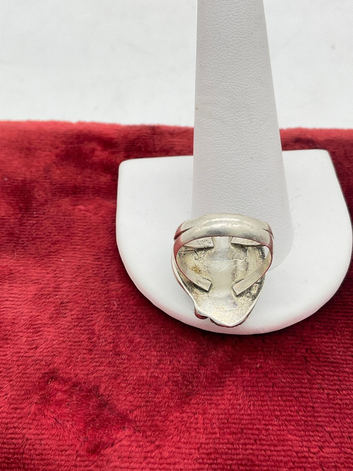 Vintage Most likely Old Pawn Navajo Sterling silver ring w/ Polished Turquoise Setting sz 6 - 5